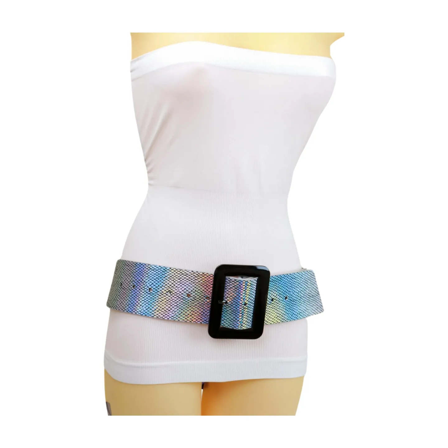Women Metallic Silver Belt Square Metal Buckle S M