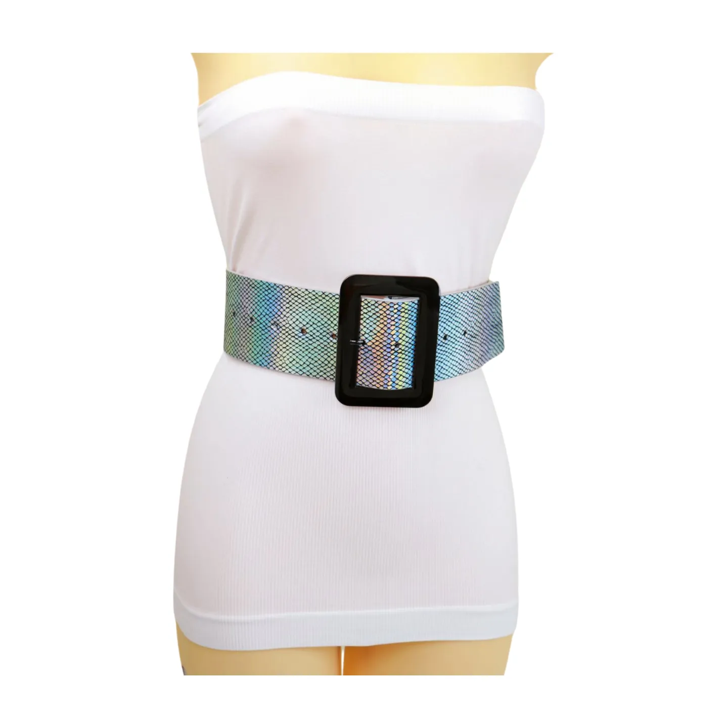Women Metallic Silver Belt Square Metal Buckle S M