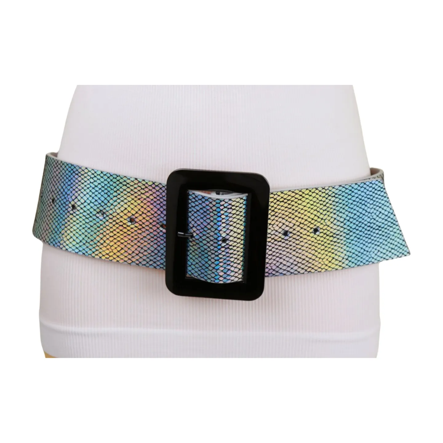 Women Metallic Silver Belt Square Metal Buckle S M