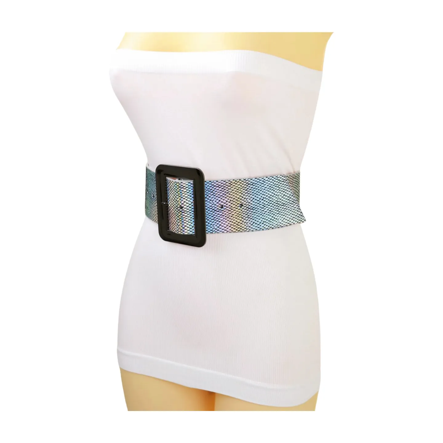 Women Metallic Silver Belt Square Metal Buckle S M