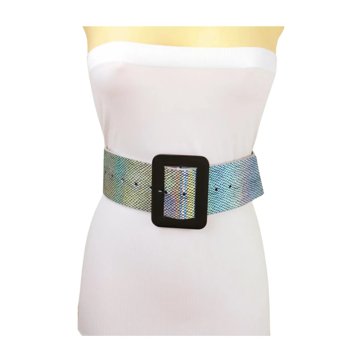 Women Metallic Silver Belt Square Metal Buckle S M
