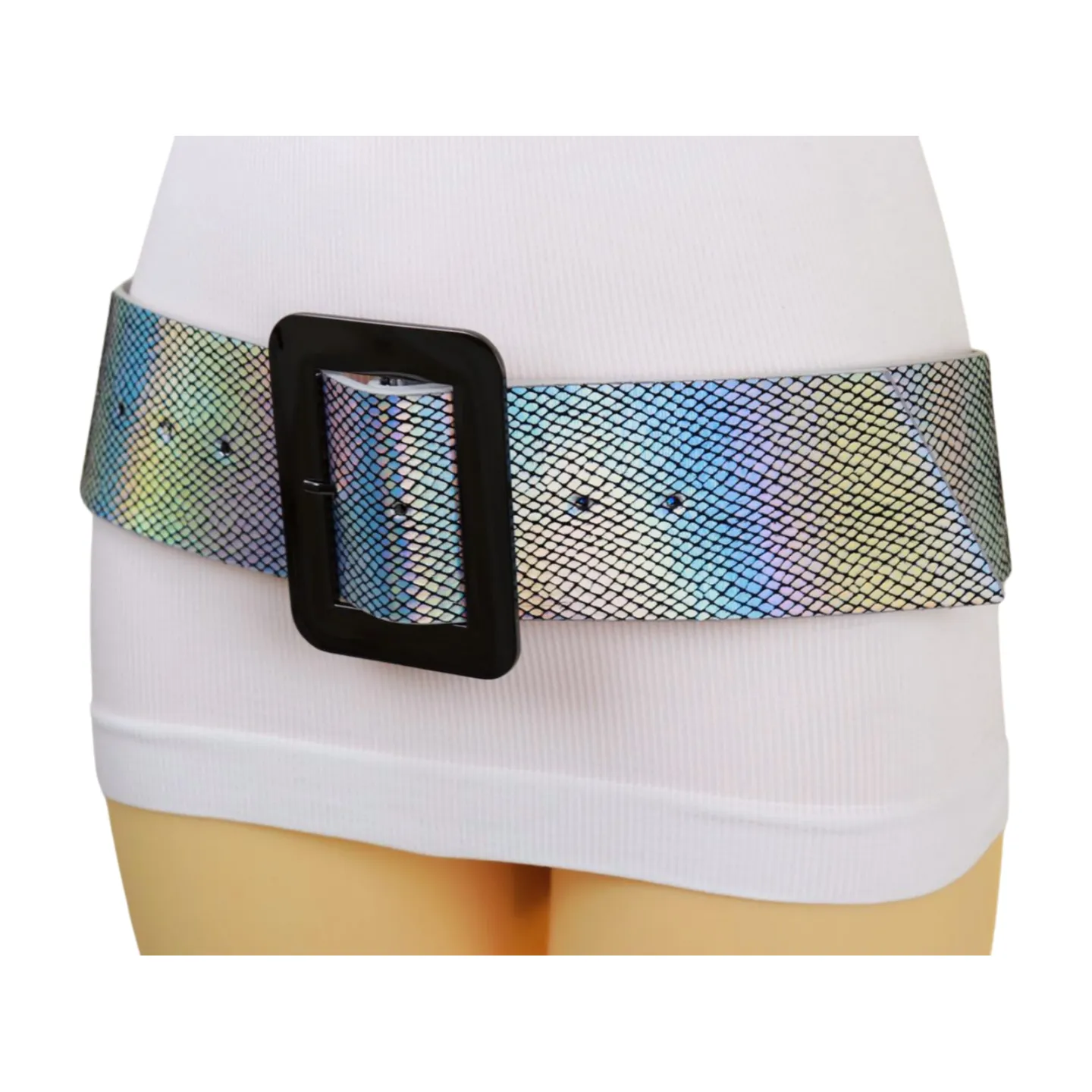 Women Metallic Silver Belt Square Metal Buckle S M