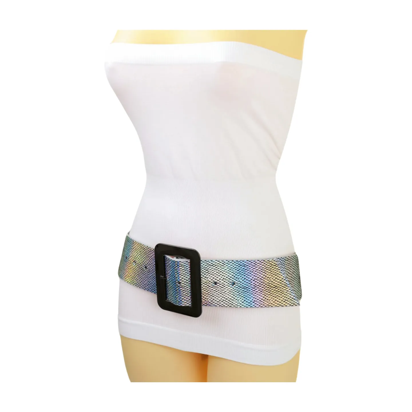 Women Metallic Silver Belt Square Metal Buckle S M