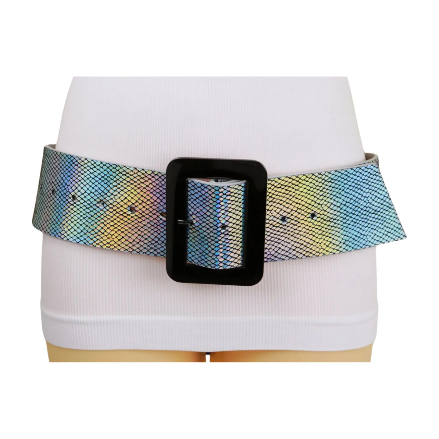 Women Metallic Silver Belt Square Metal Buckle S M