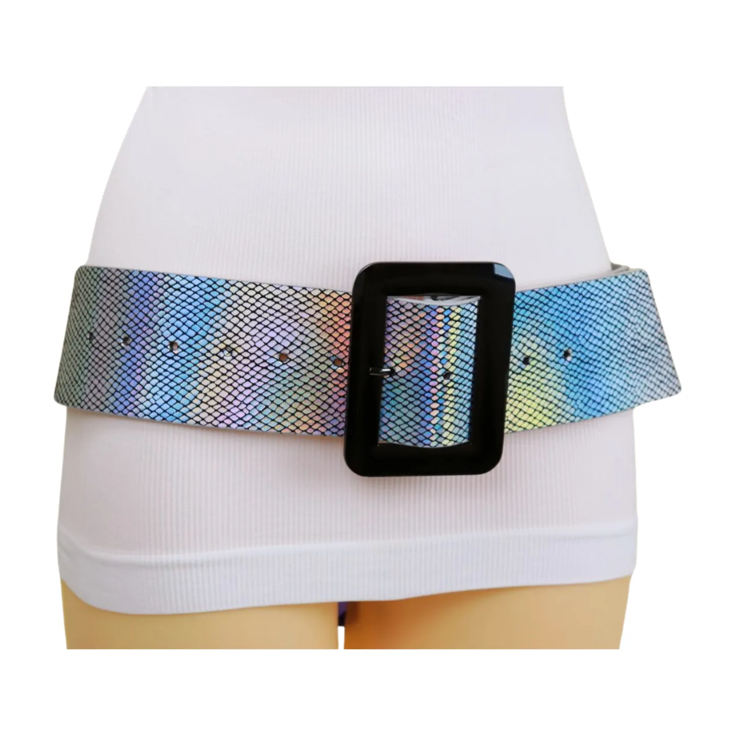 Women Metallic Silver Belt Square Metal Buckle S M