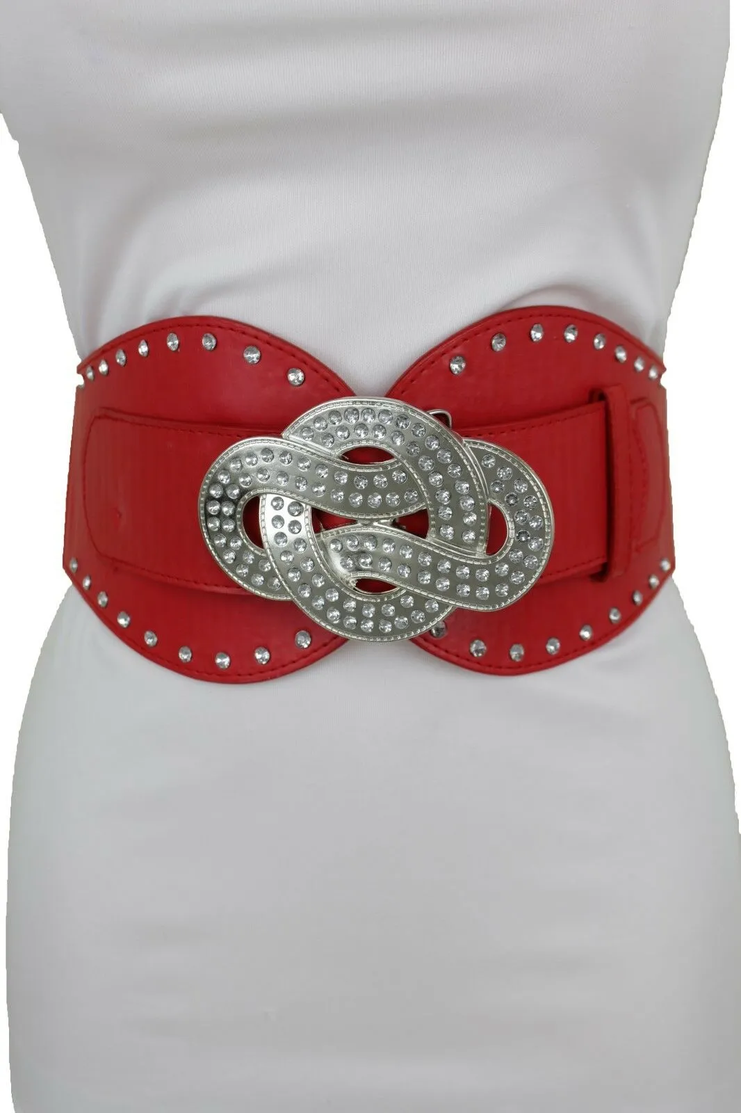 Women Red Color Corset Belt Hip High Waist Silver Metal Infinity Buckle S M