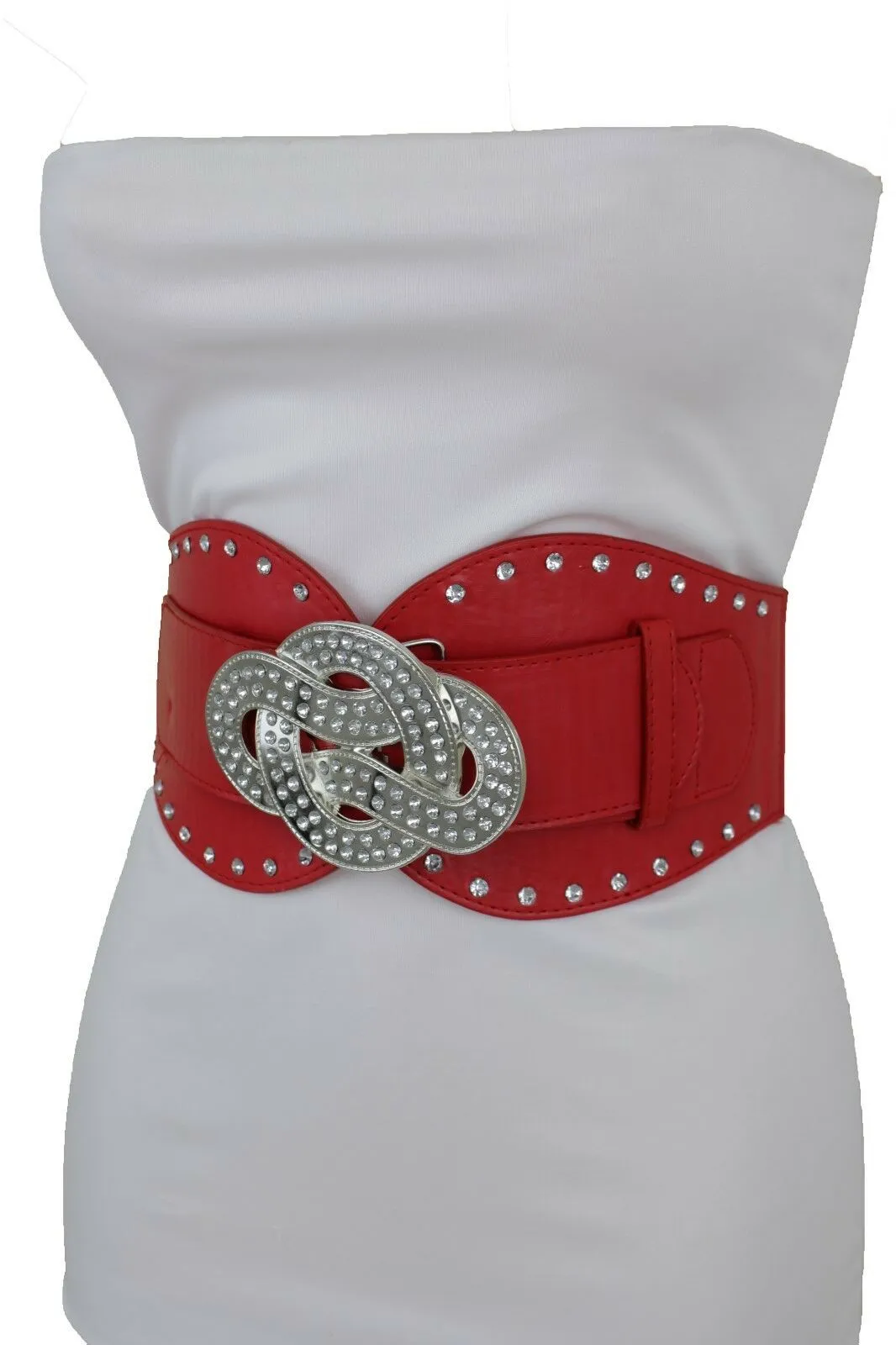 Women Red Color Corset Belt Hip High Waist Silver Metal Infinity Buckle S M