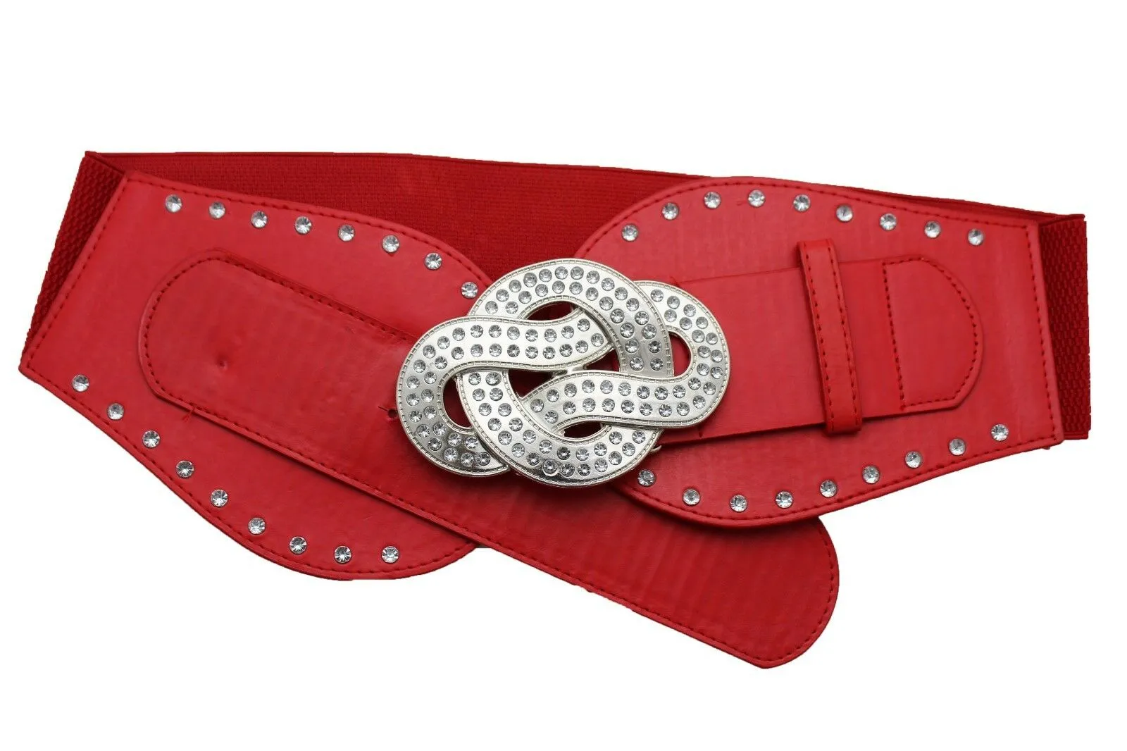 Women Red Color Corset Belt Hip High Waist Silver Metal Infinity Buckle S M