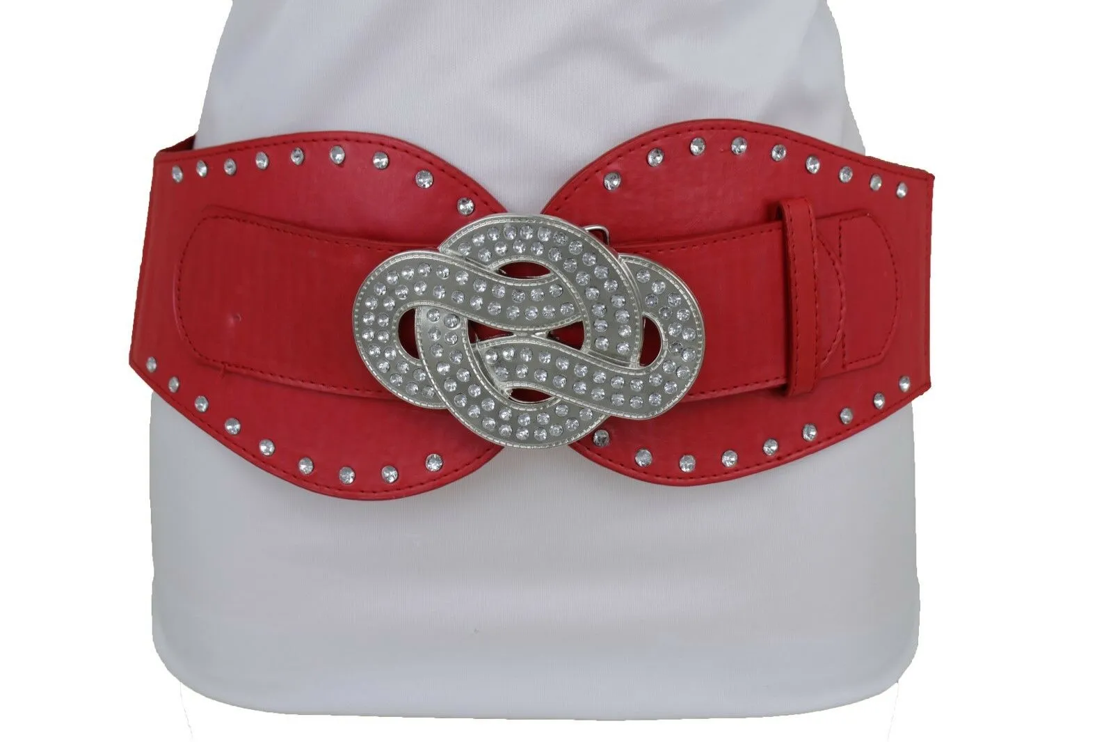 Women Red Color Corset Belt Hip High Waist Silver Metal Infinity Buckle S M