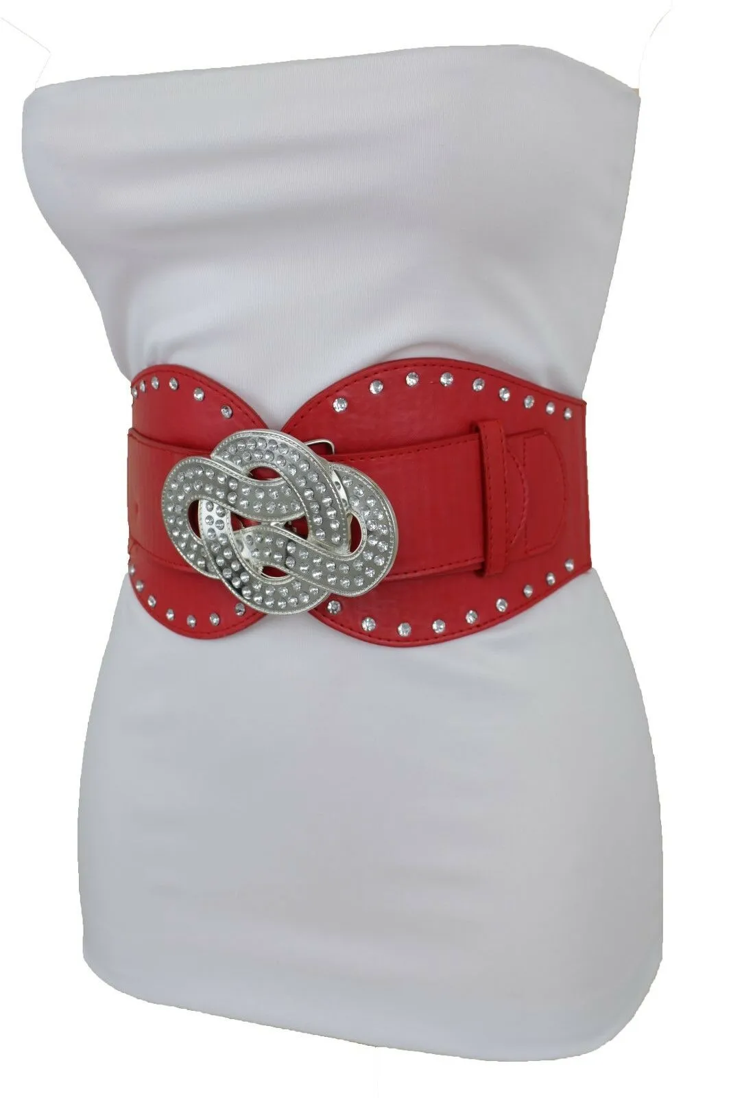 Women Red Color Corset Belt Hip High Waist Silver Metal Infinity Buckle S M