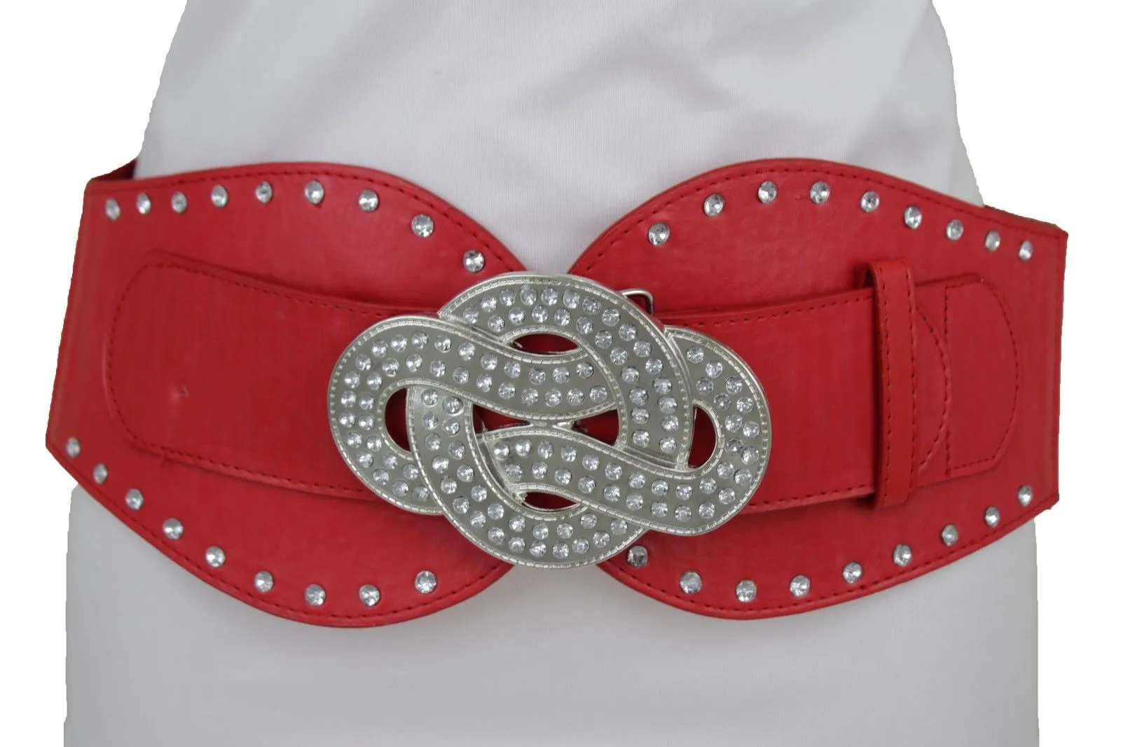 Women Red Color Corset Belt Hip High Waist Silver Metal Infinity Buckle S M