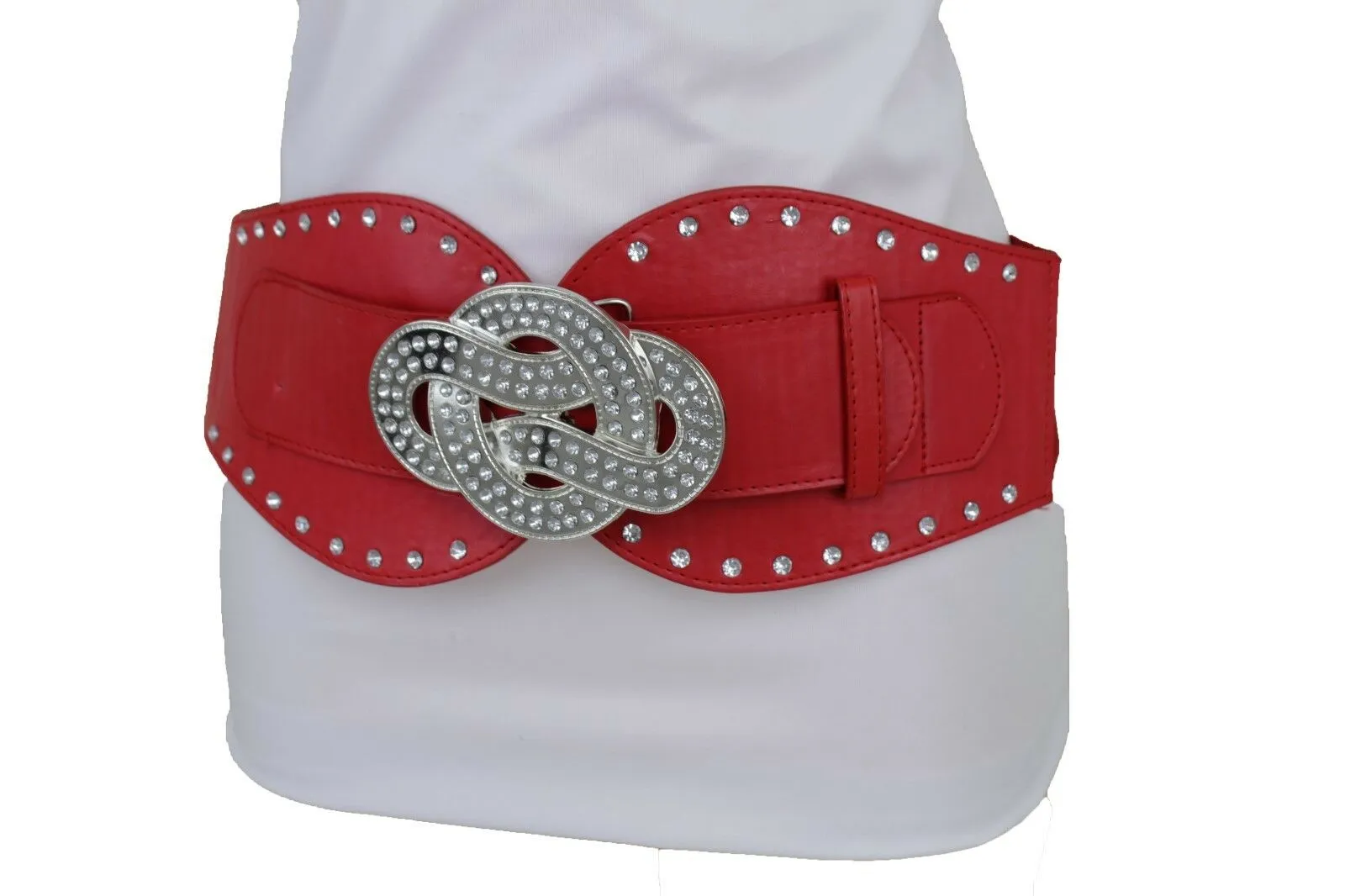 Women Red Color Corset Belt Hip High Waist Silver Metal Infinity Buckle S M