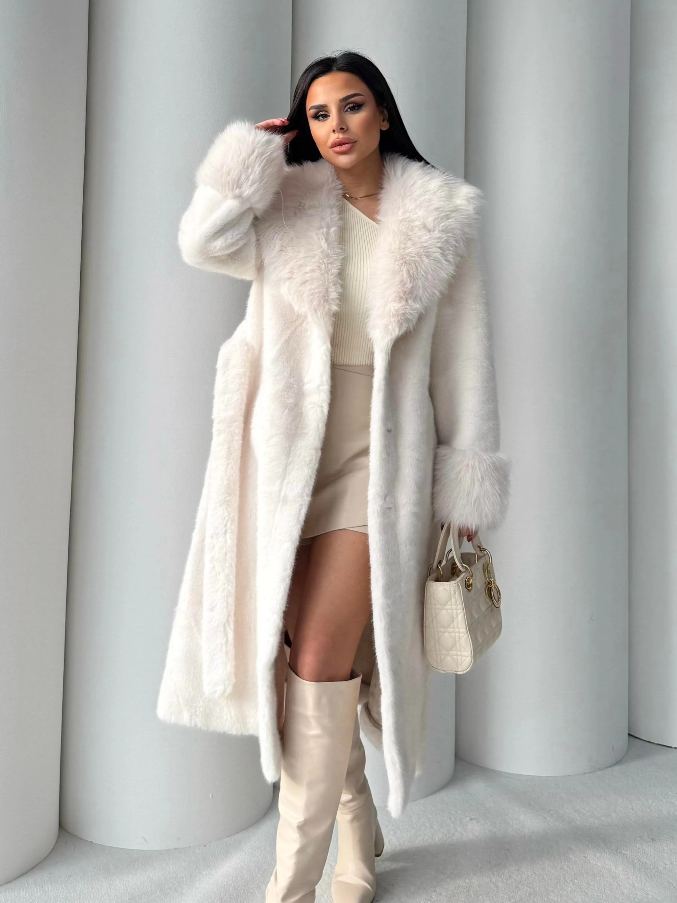 Women's Angora Long Fur Coat – Oversized Fit with Detachable Belt