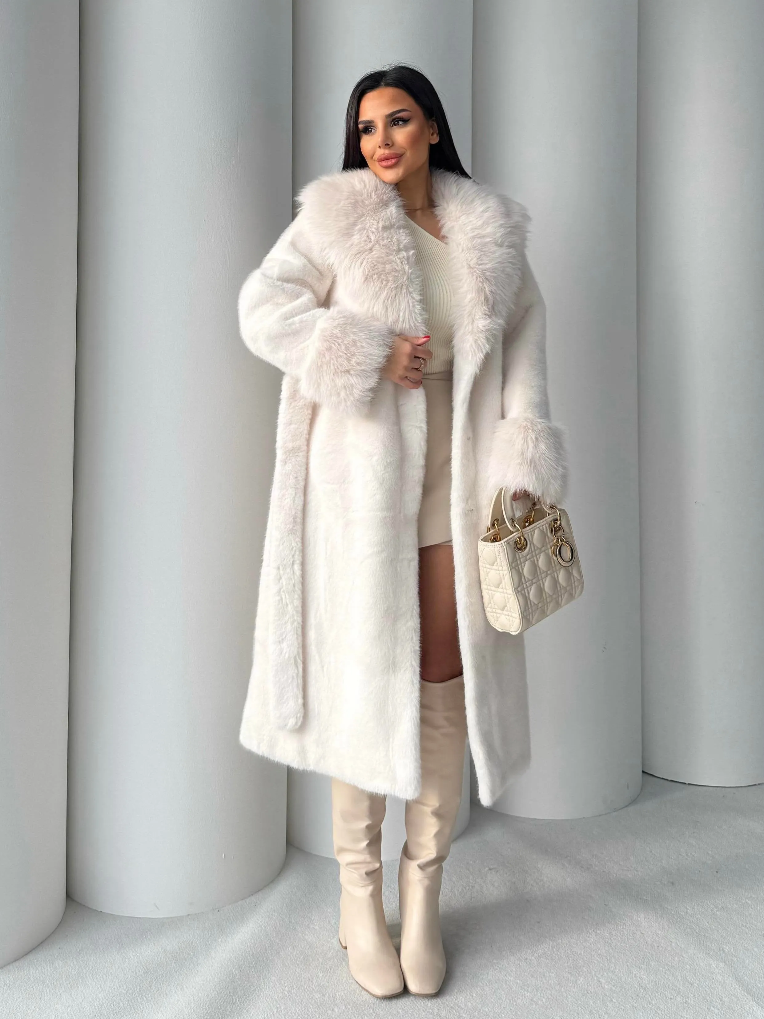 Women's Angora Long Fur Coat – Oversized Fit with Detachable Belt