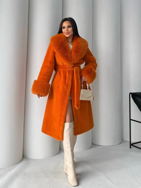 Women's Angora Long Fur Coat – Oversized Fit with Detachable Belt