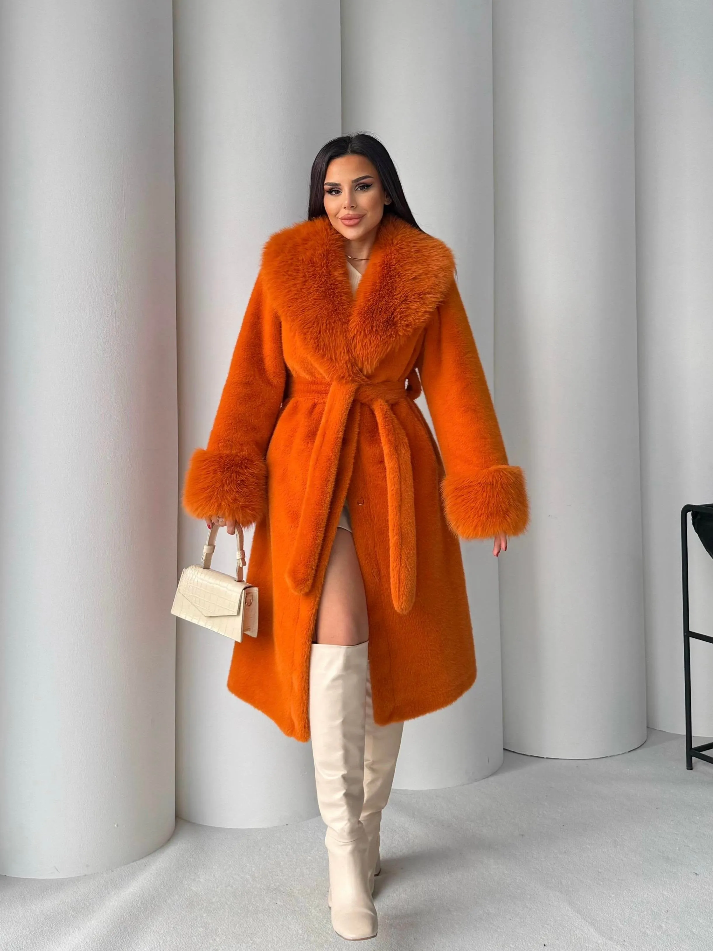 Women's Angora Long Fur Coat – Oversized Fit with Detachable Belt