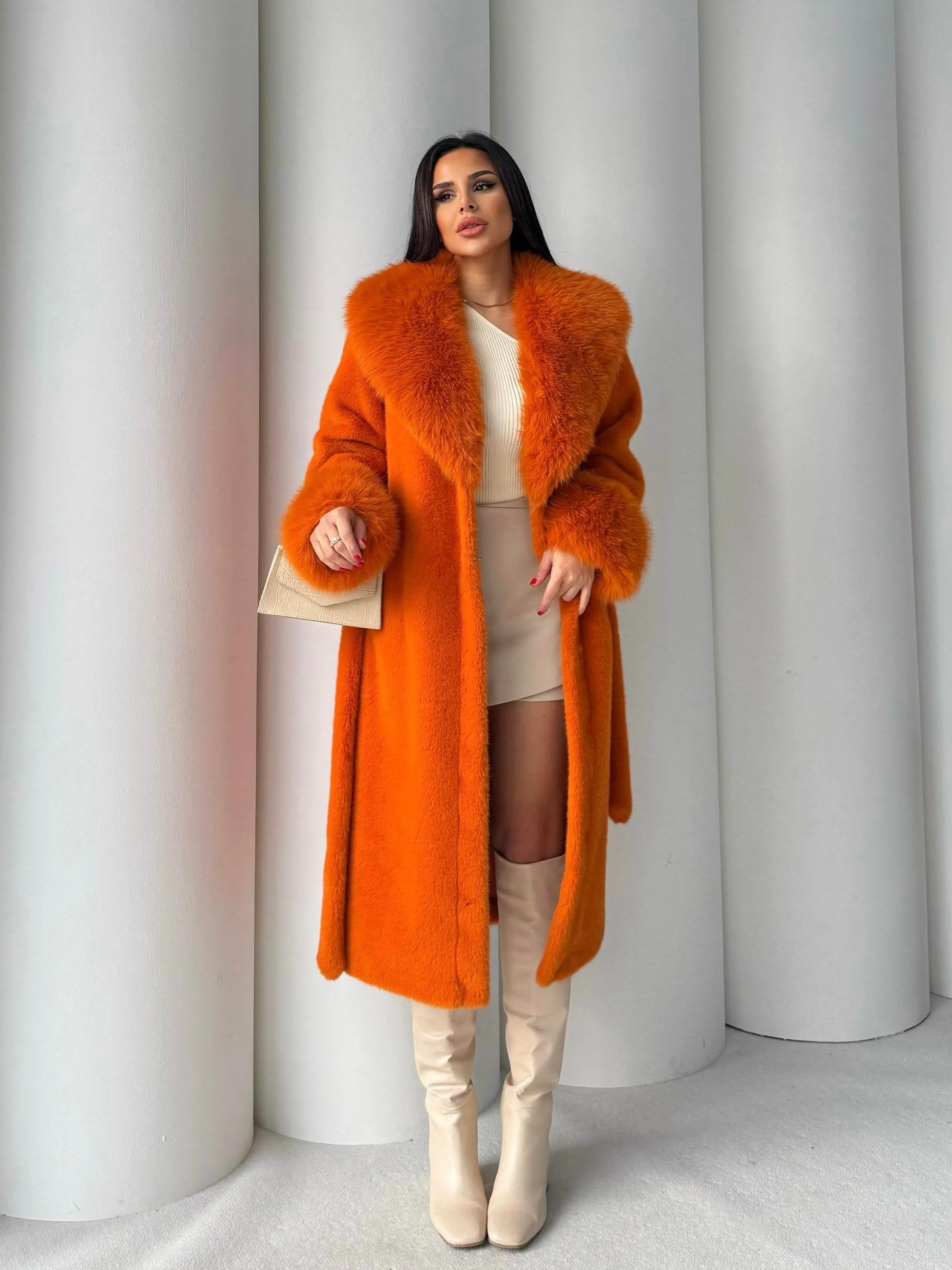 Women's Angora Long Fur Coat – Oversized Fit with Detachable Belt