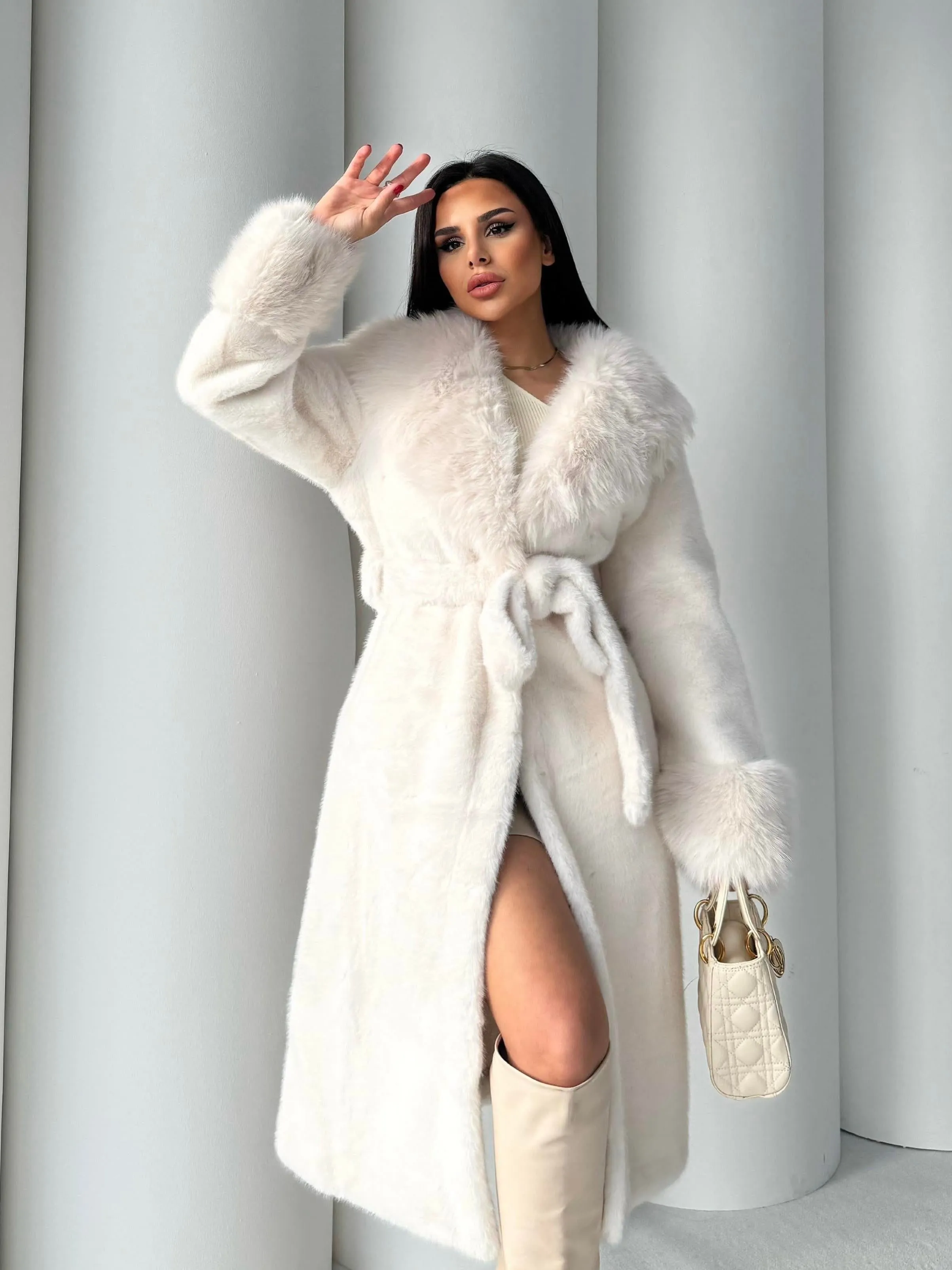 Women's Angora Long Fur Coat – Oversized Fit with Detachable Belt