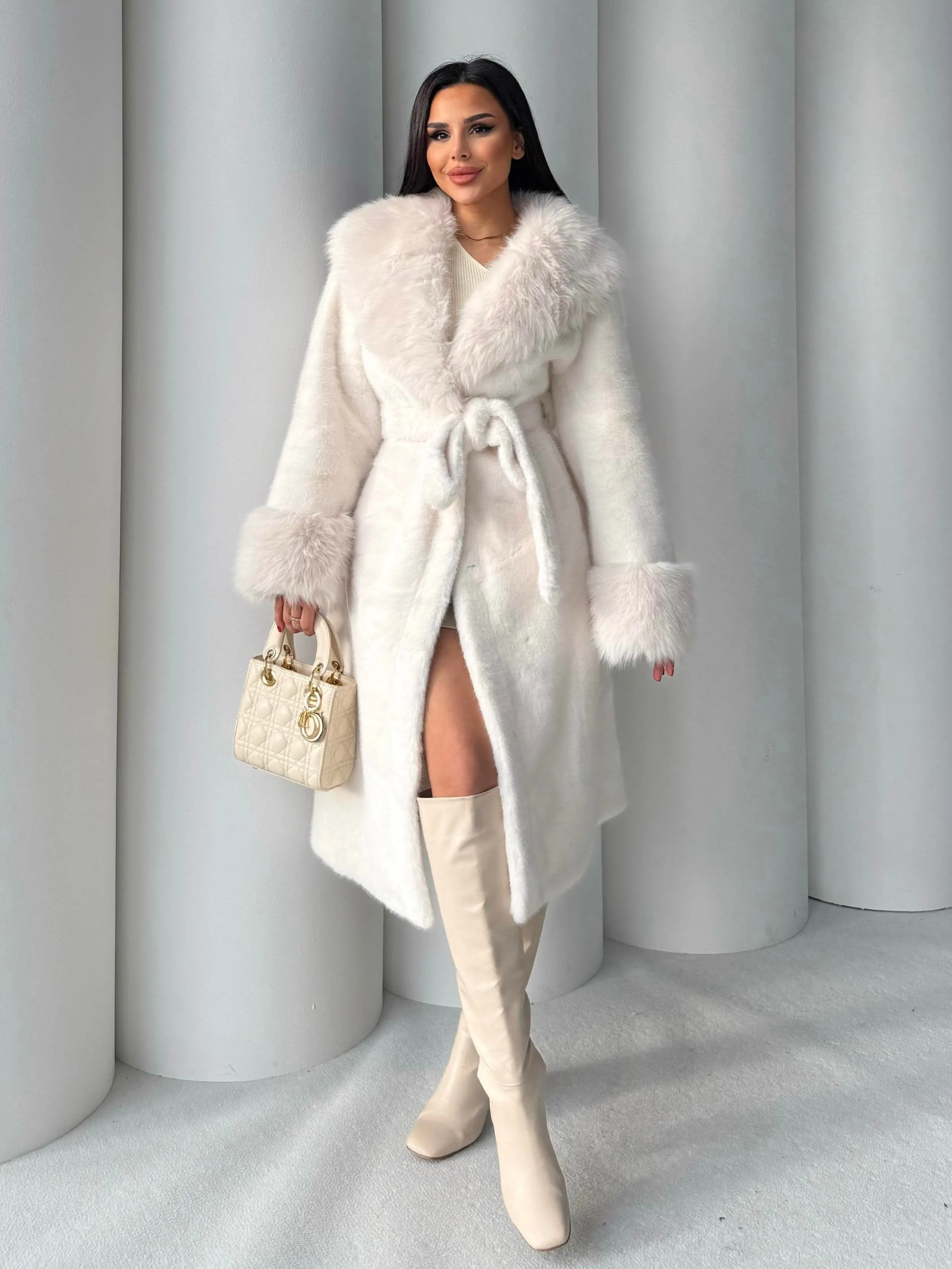Women's Angora Long Fur Coat – Oversized Fit with Detachable Belt