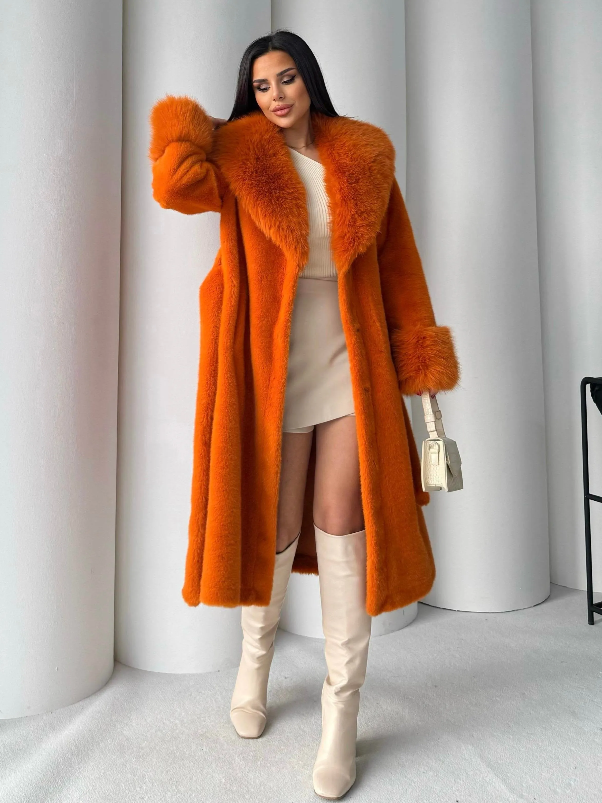 Women's Angora Long Fur Coat – Oversized Fit with Detachable Belt