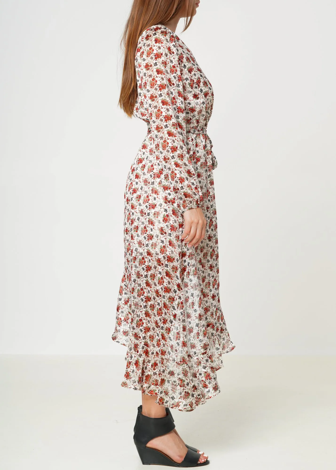 Women's Floral Asymmetrical Ruffle Hem Wrap Dress In Victoria Garden