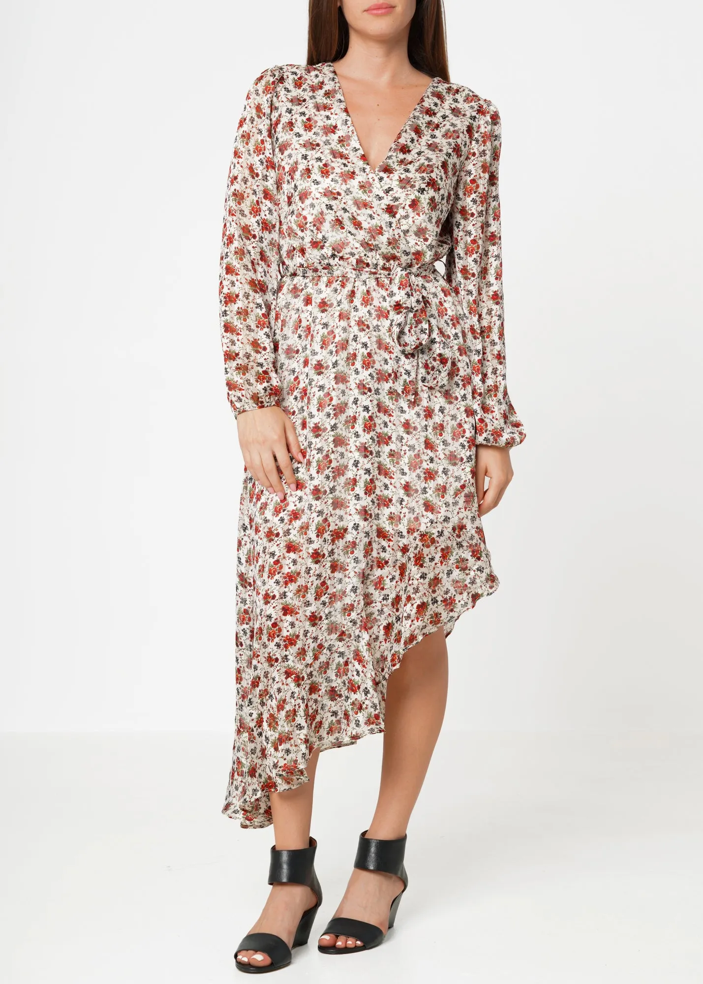Women's Floral Asymmetrical Ruffle Hem Wrap Dress In Victoria Garden
