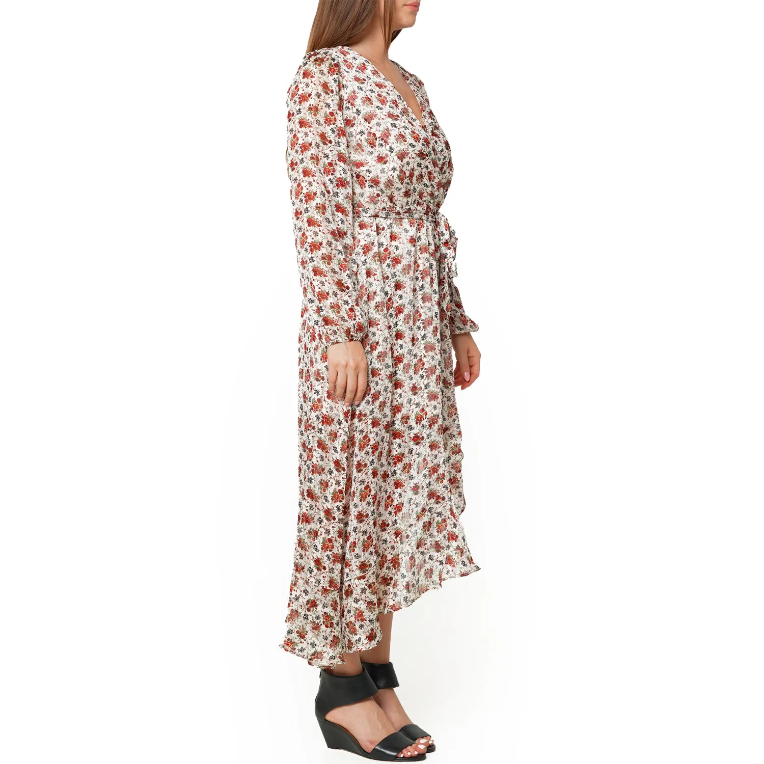 Women's Floral Asymmetrical Ruffle Hem Wrap Dress In Victoria Garden