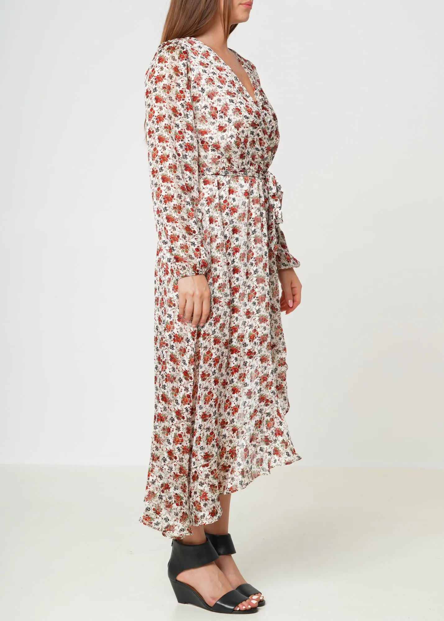 Women's Floral Asymmetrical Ruffle Hem Wrap Dress In Victoria Garden