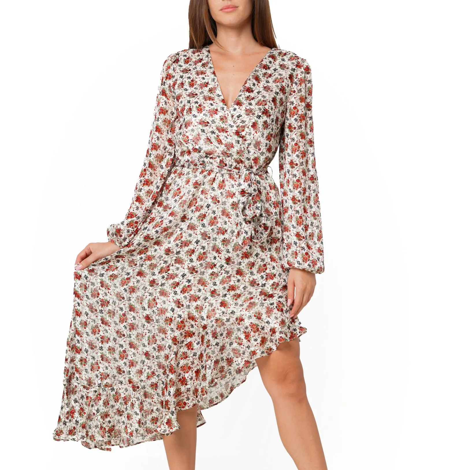 Women's Floral Asymmetrical Ruffle Hem Wrap Dress In Victoria Garden