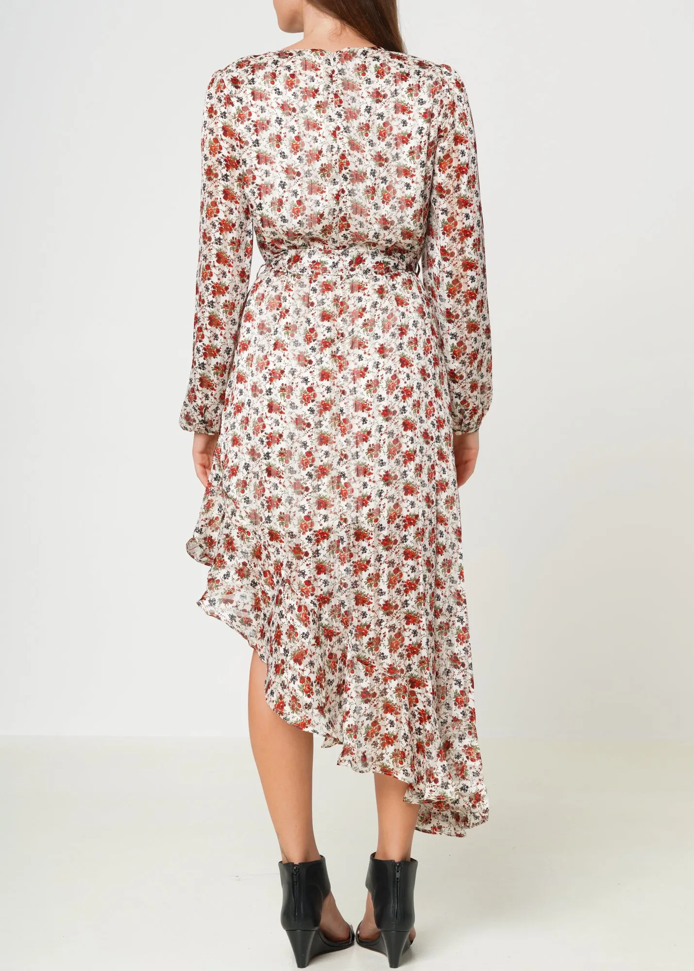 Women's Floral Asymmetrical Ruffle Hem Wrap Dress In Victoria Garden
