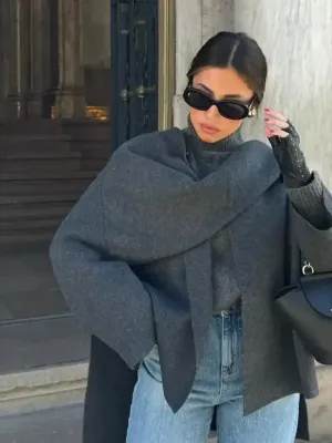 Woolen Grace™ | Vintage Woolen Short Coat | Grey, Includes Scarf, Warm & Stylish Design