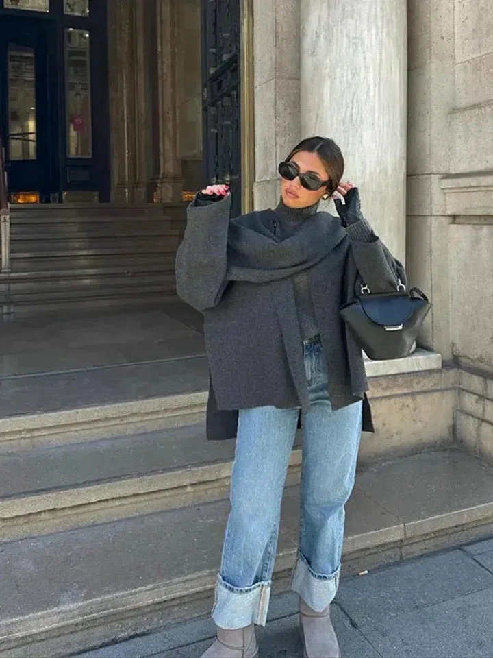 Woolen Grace™ | Vintage Woolen Short Coat | Grey, Includes Scarf, Warm & Stylish Design