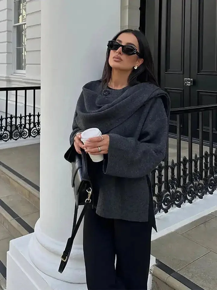 Woolen Grace™ | Vintage Woolen Short Coat | Grey, Includes Scarf, Warm & Stylish Design
