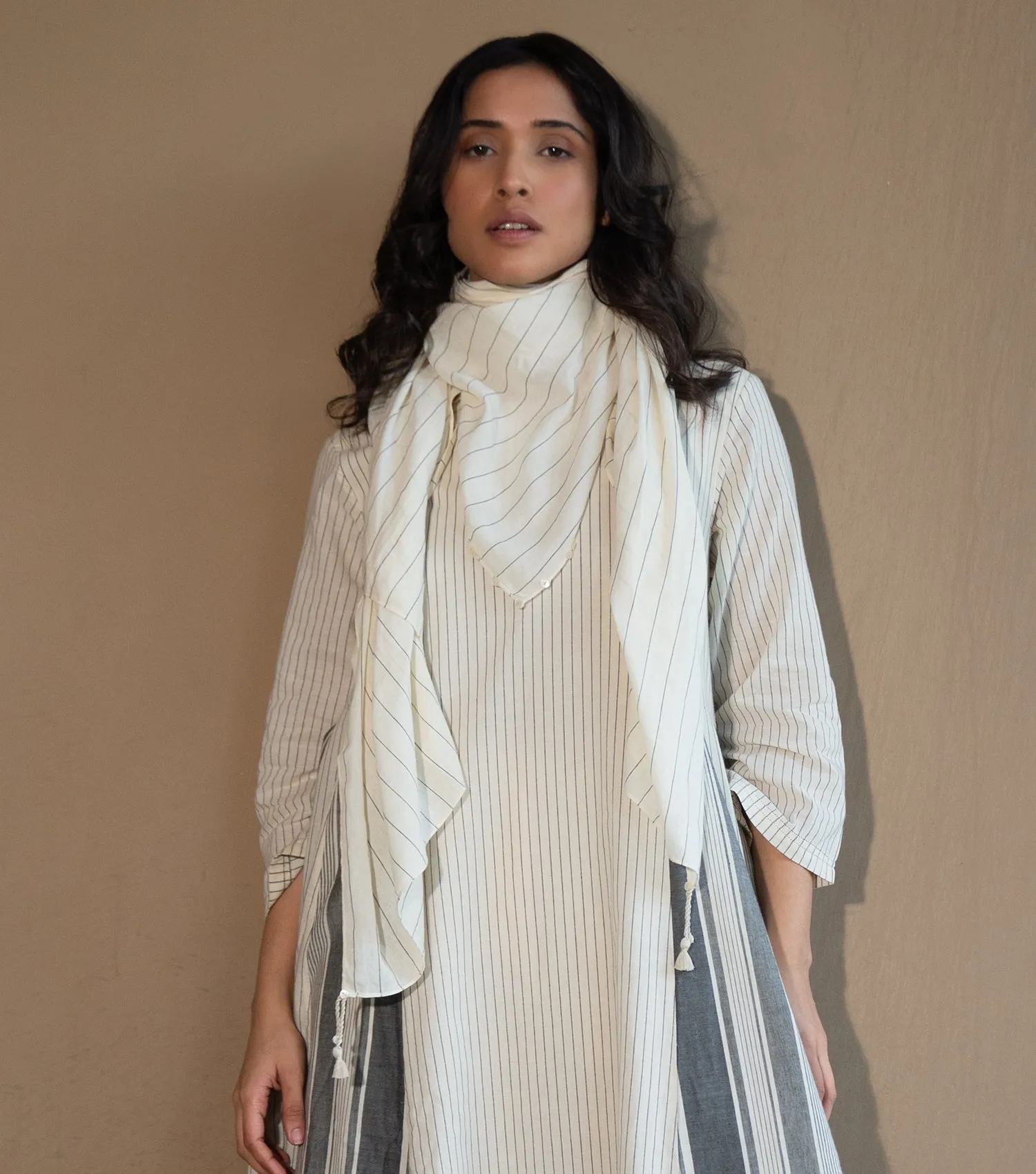 WOVEN COTTON PANELLED KURTA SET WITH PANTS & SCARF