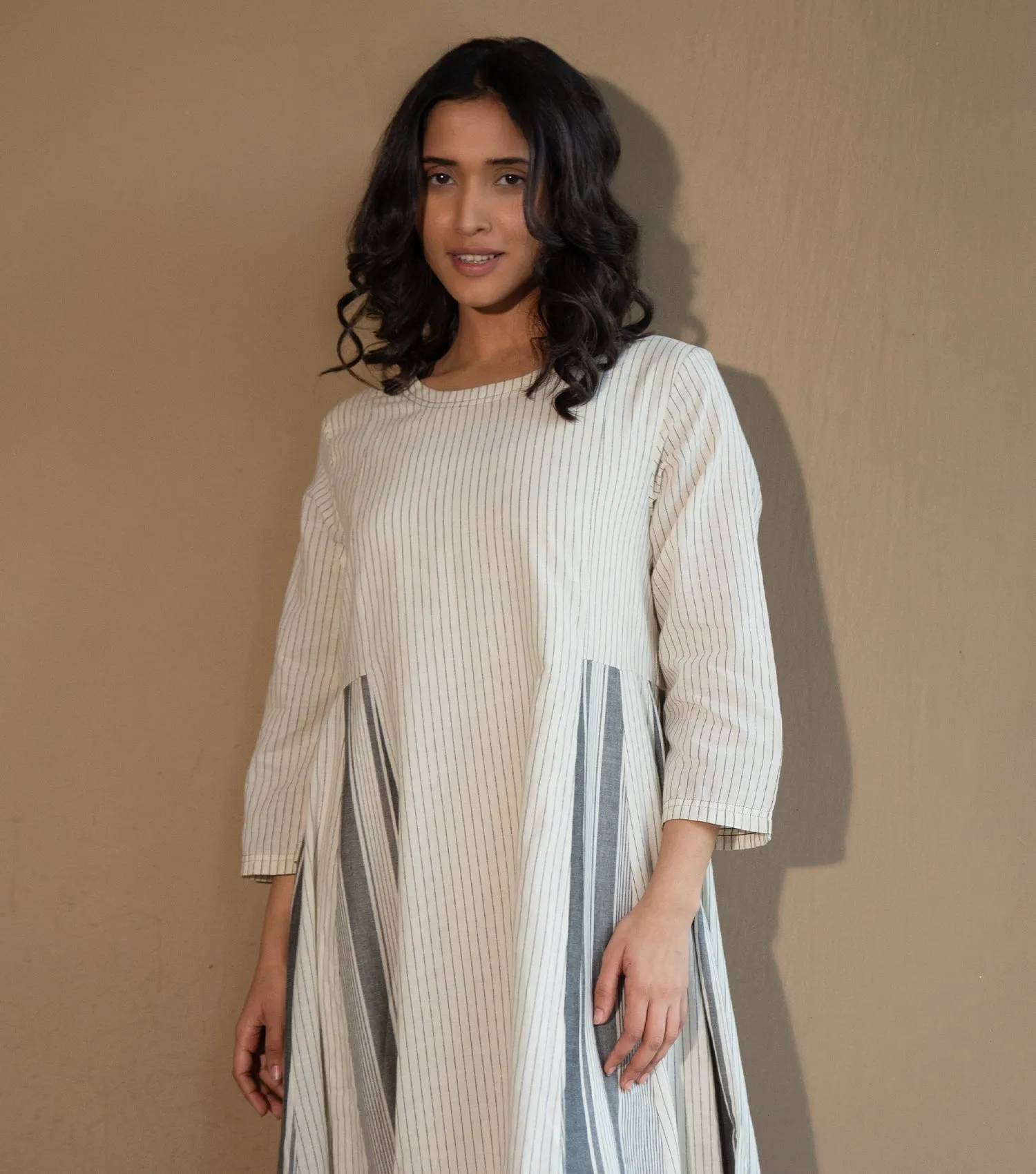 WOVEN COTTON PANELLED KURTA SET WITH PANTS & SCARF
