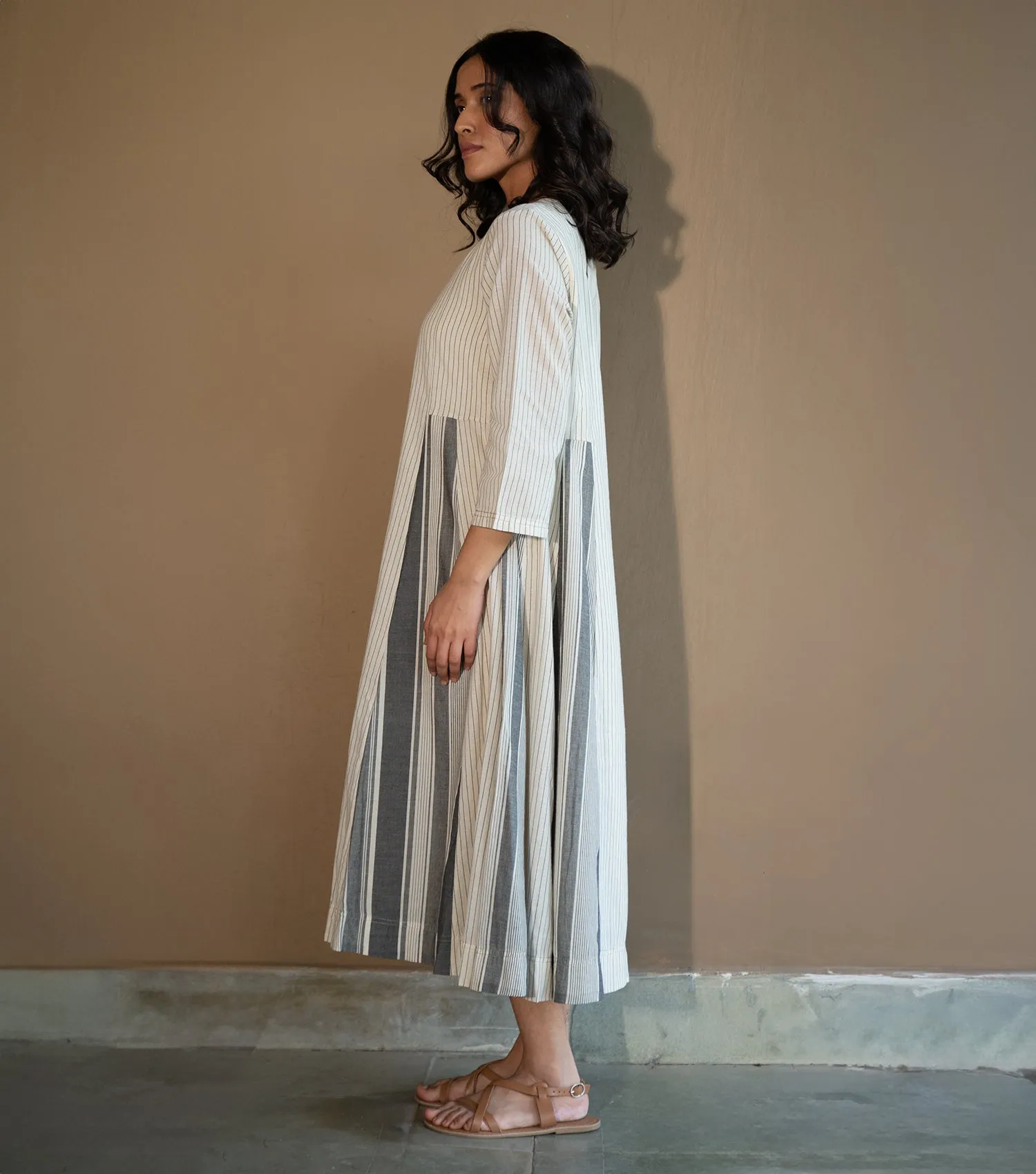 WOVEN COTTON PANELLED KURTA SET WITH PANTS & SCARF