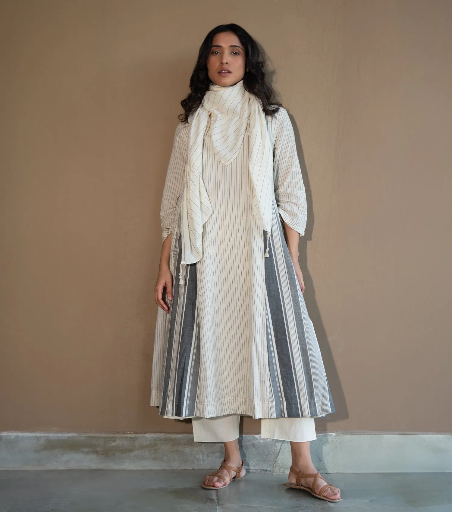 WOVEN COTTON PANELLED KURTA SET WITH PANTS & SCARF