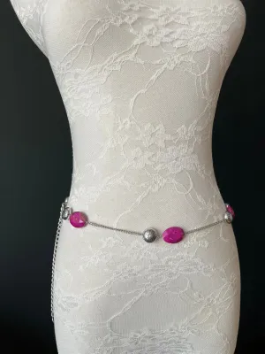 X-Long Belt, Beaded Belt, Fashion Belt, Cerise, Silver Beads, Chain Belts, UK Size 6-24