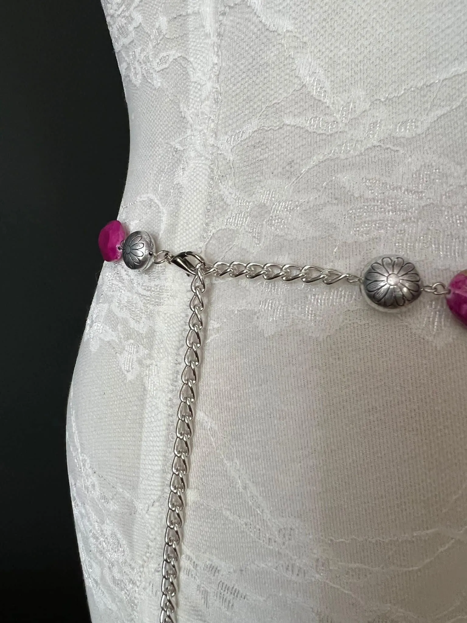 X-Long Belt, Beaded Belt, Fashion Belt, Cerise, Silver Beads, Chain Belts, UK Size 6-24