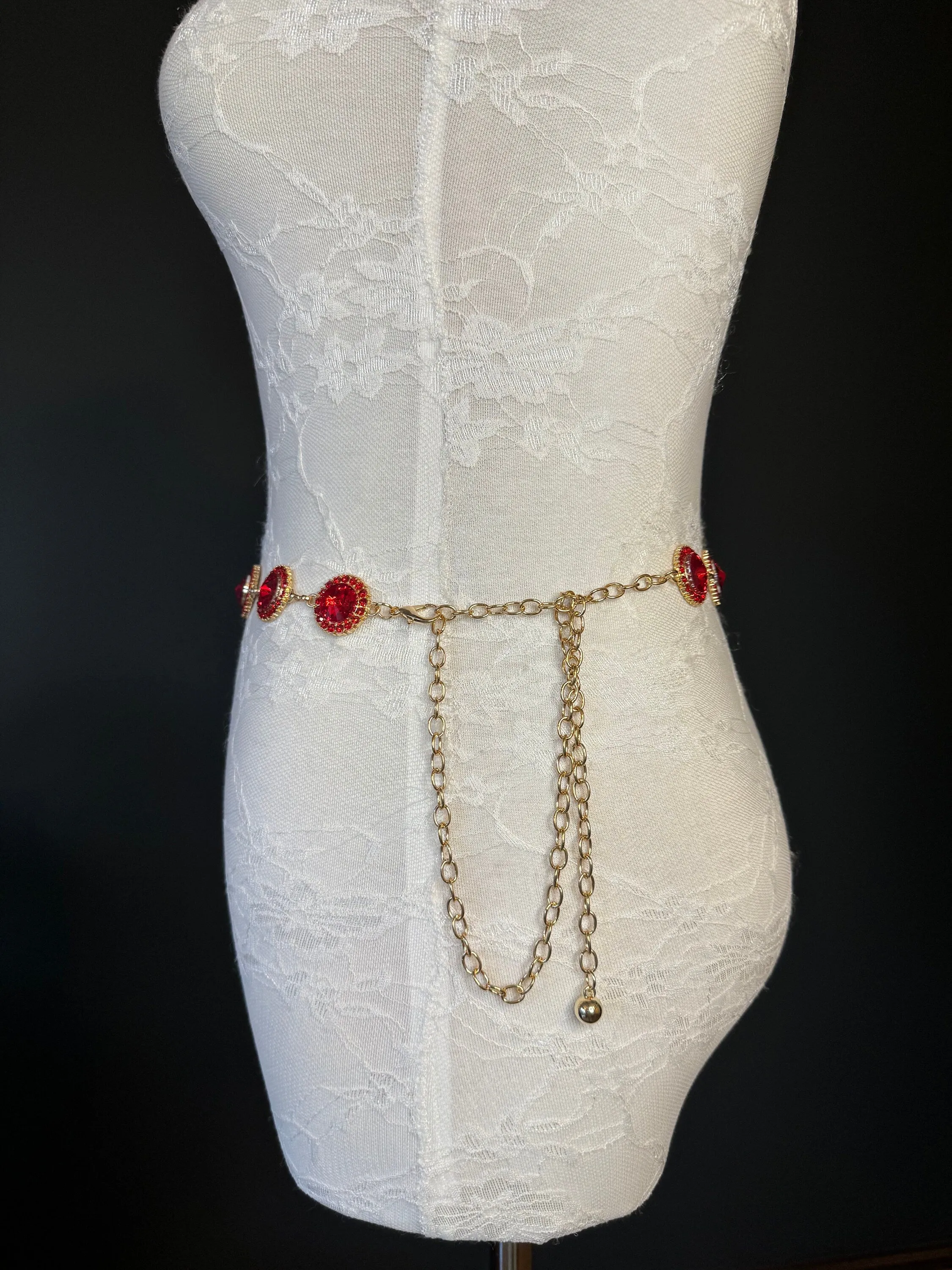 X-Long Belt, Red Jewel Rhinestone Belt, Gold Chain Belt, Vintage Style Belt, Diamante Belt, Fashion Belt, Elegant, Swimwear Belt