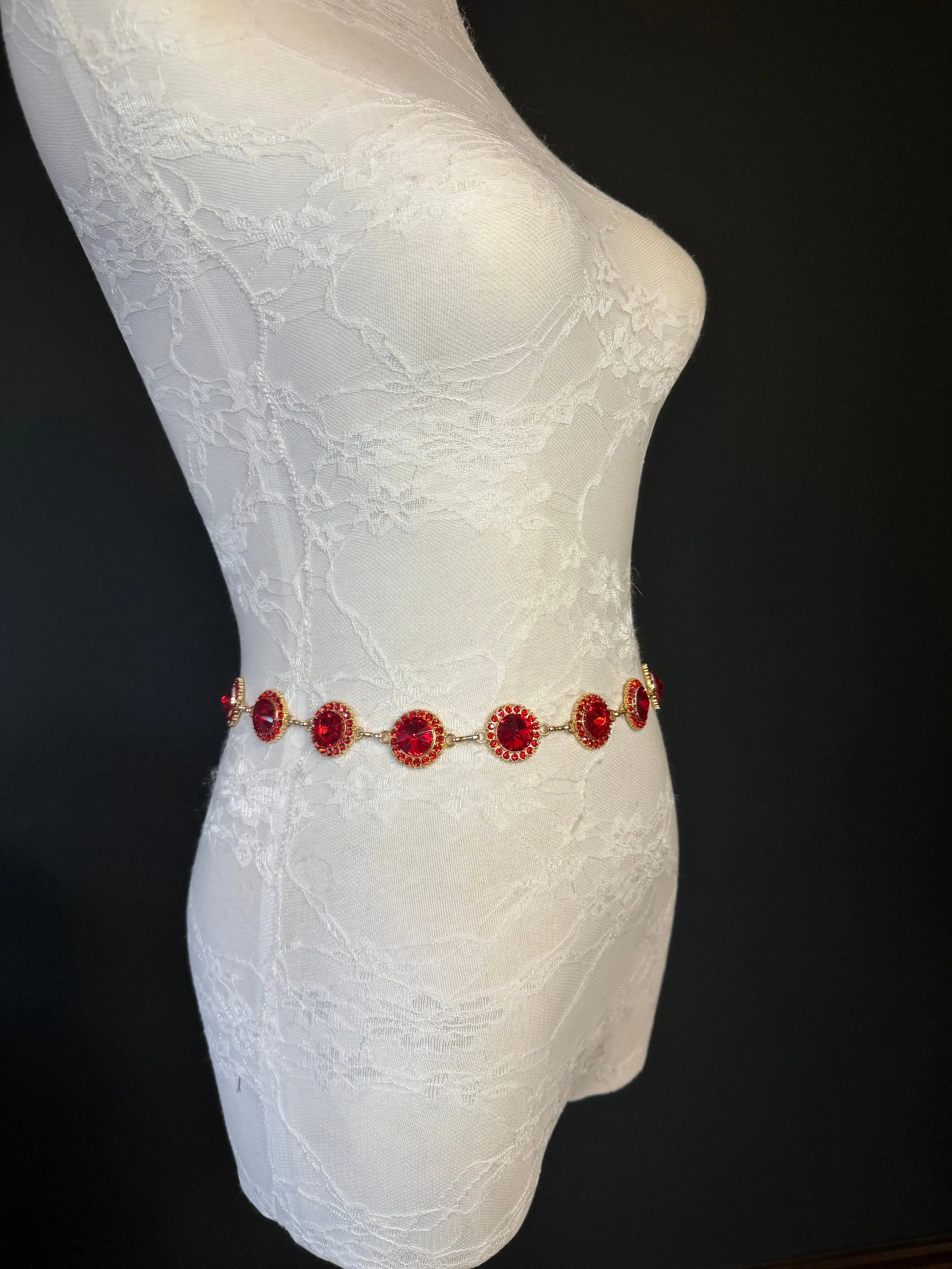 X-Long Belt, Red Jewel Rhinestone Belt, Gold Chain Belt, Vintage Style Belt, Diamante Belt, Fashion Belt, Elegant, Swimwear Belt