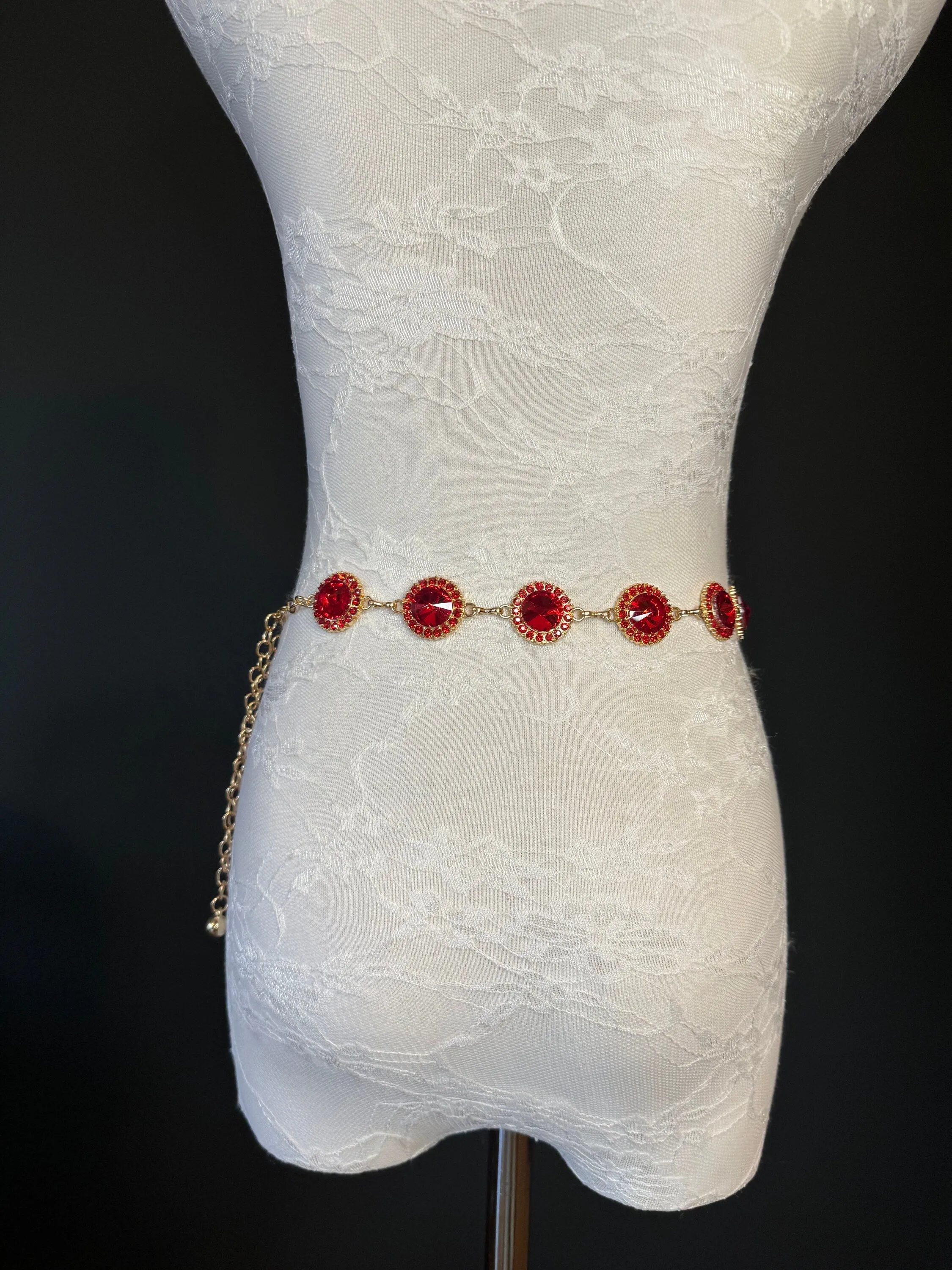 X-Long Belt, Red Jewel Rhinestone Belt, Gold Chain Belt, Vintage Style Belt, Diamante Belt, Fashion Belt, Elegant, Swimwear Belt