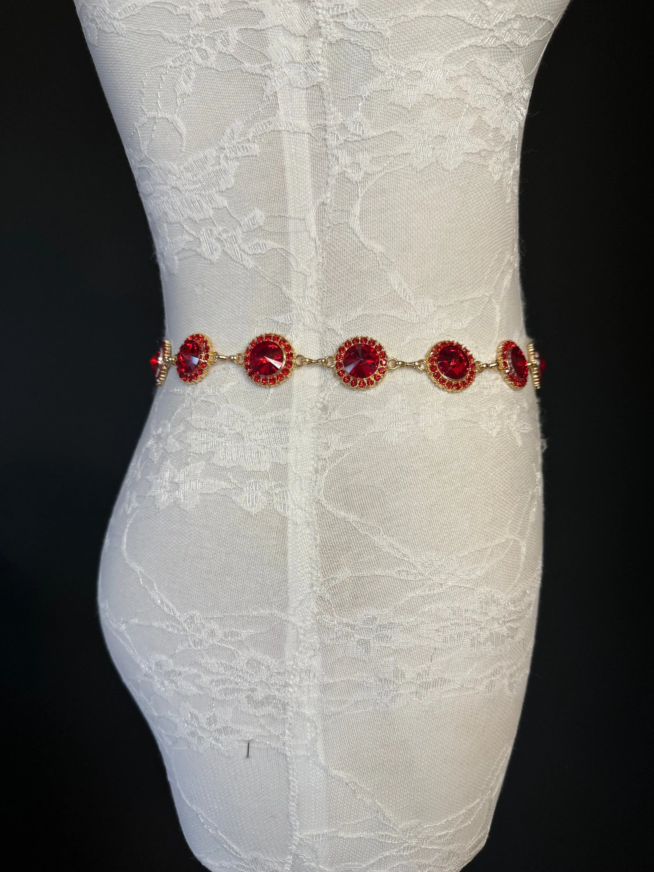 X-Long Belt, Red Jewel Rhinestone Belt, Gold Chain Belt, Vintage Style Belt, Diamante Belt, Fashion Belt, Elegant, Swimwear Belt