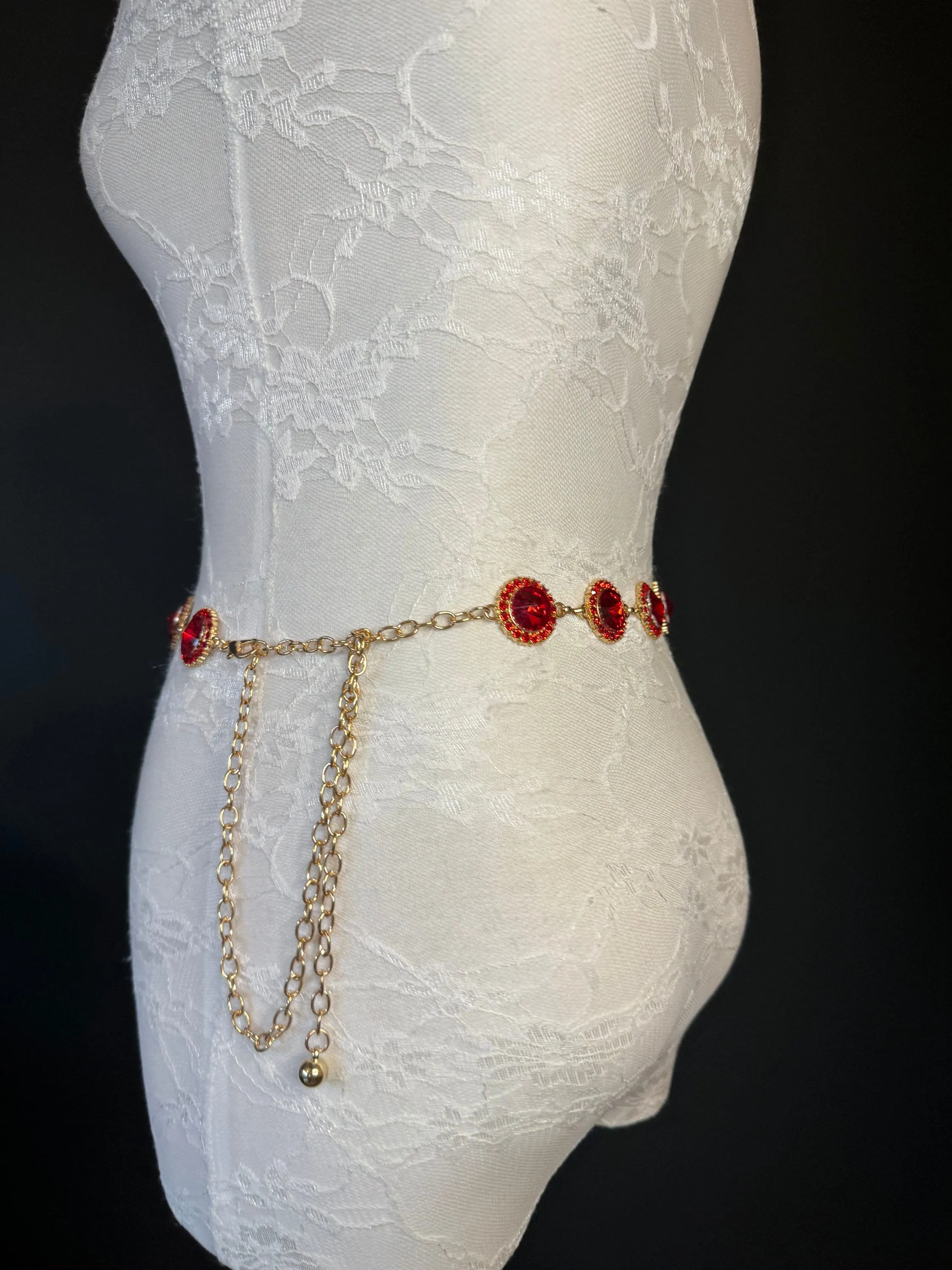 X-Long Belt, Red Jewel Rhinestone Belt, Gold Chain Belt, Vintage Style Belt, Diamante Belt, Fashion Belt, Elegant, Swimwear Belt
