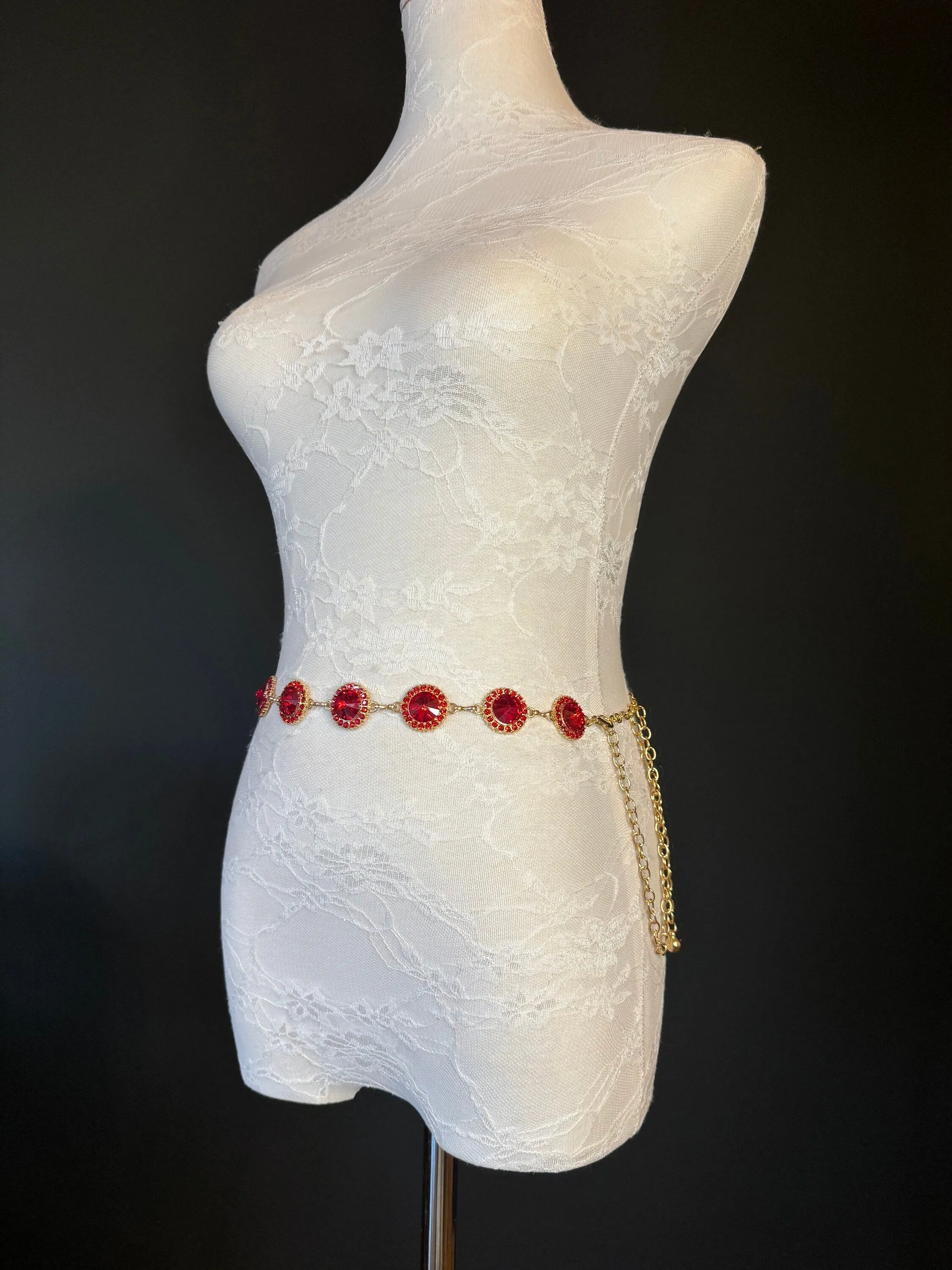 X-Long Belt, Red Jewel Rhinestone Belt, Gold Chain Belt, Vintage Style Belt, Diamante Belt, Fashion Belt, Elegant, Swimwear Belt