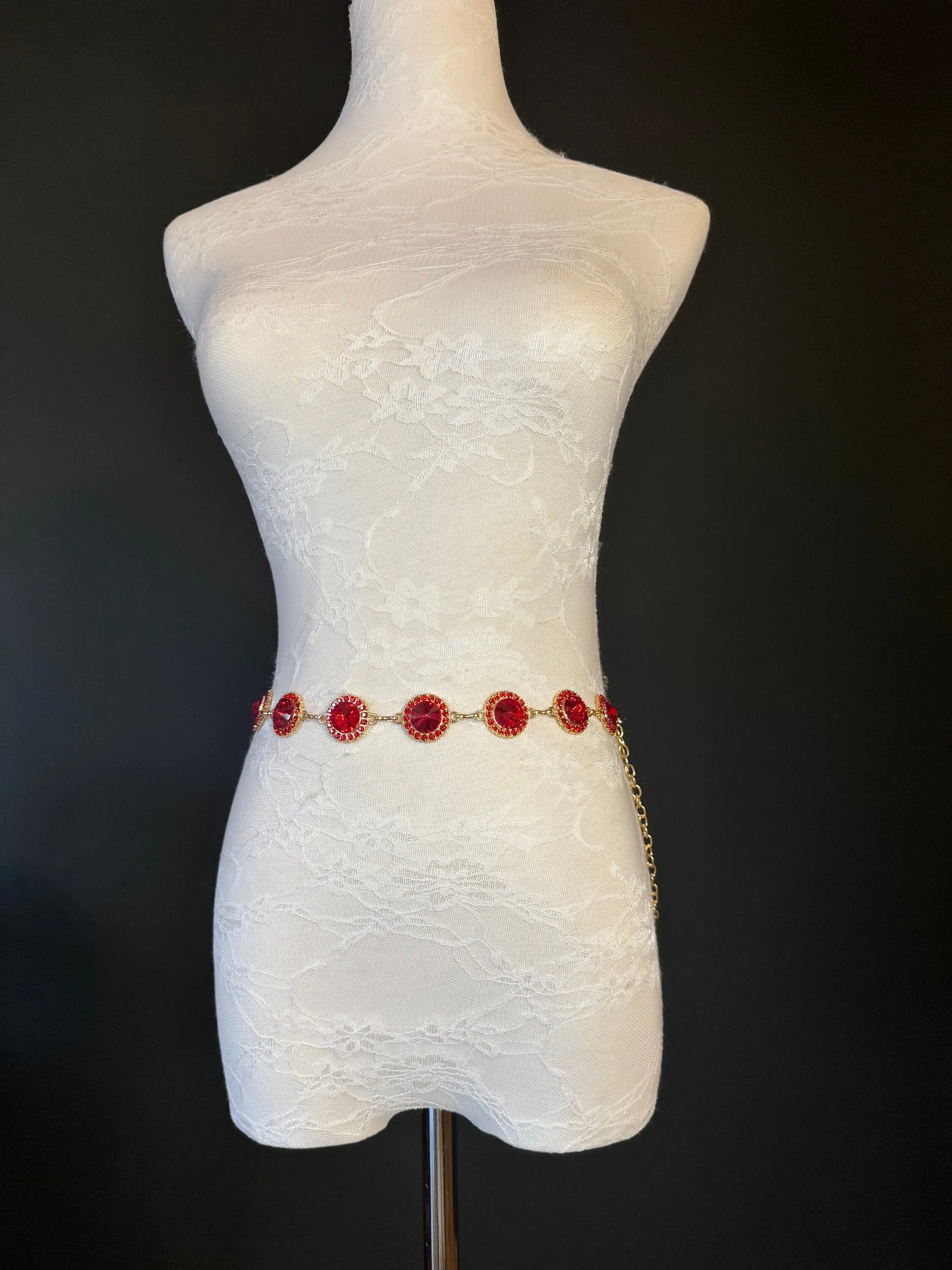 X-Long Belt, Red Jewel Rhinestone Belt, Gold Chain Belt, Vintage Style Belt, Diamante Belt, Fashion Belt, Elegant, Swimwear Belt