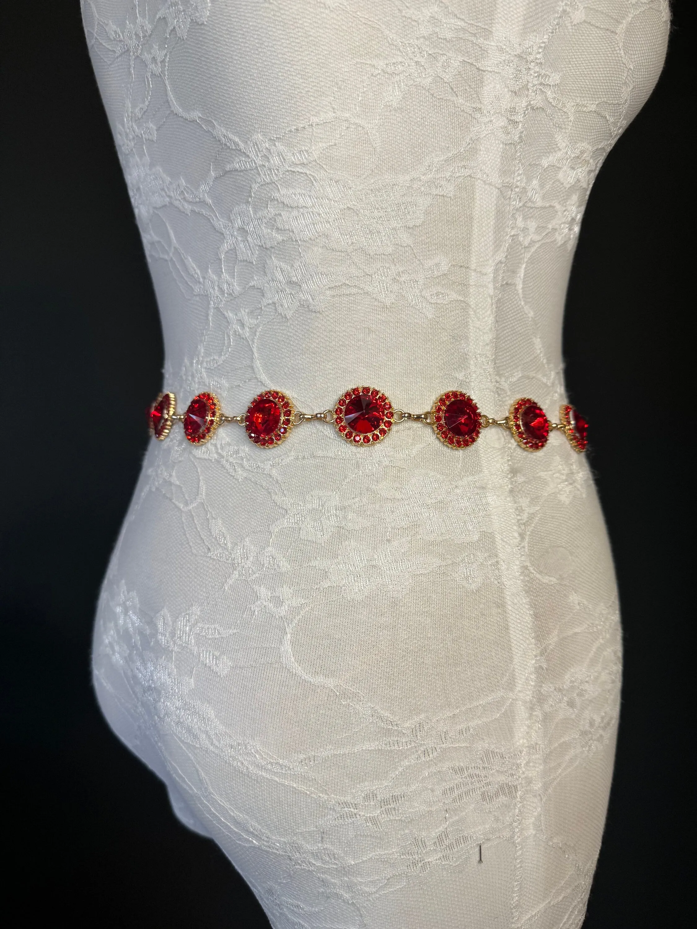 X-Long Belt, Red Jewel Rhinestone Belt, Gold Chain Belt, Vintage Style Belt, Diamante Belt, Fashion Belt, Elegant, Swimwear Belt