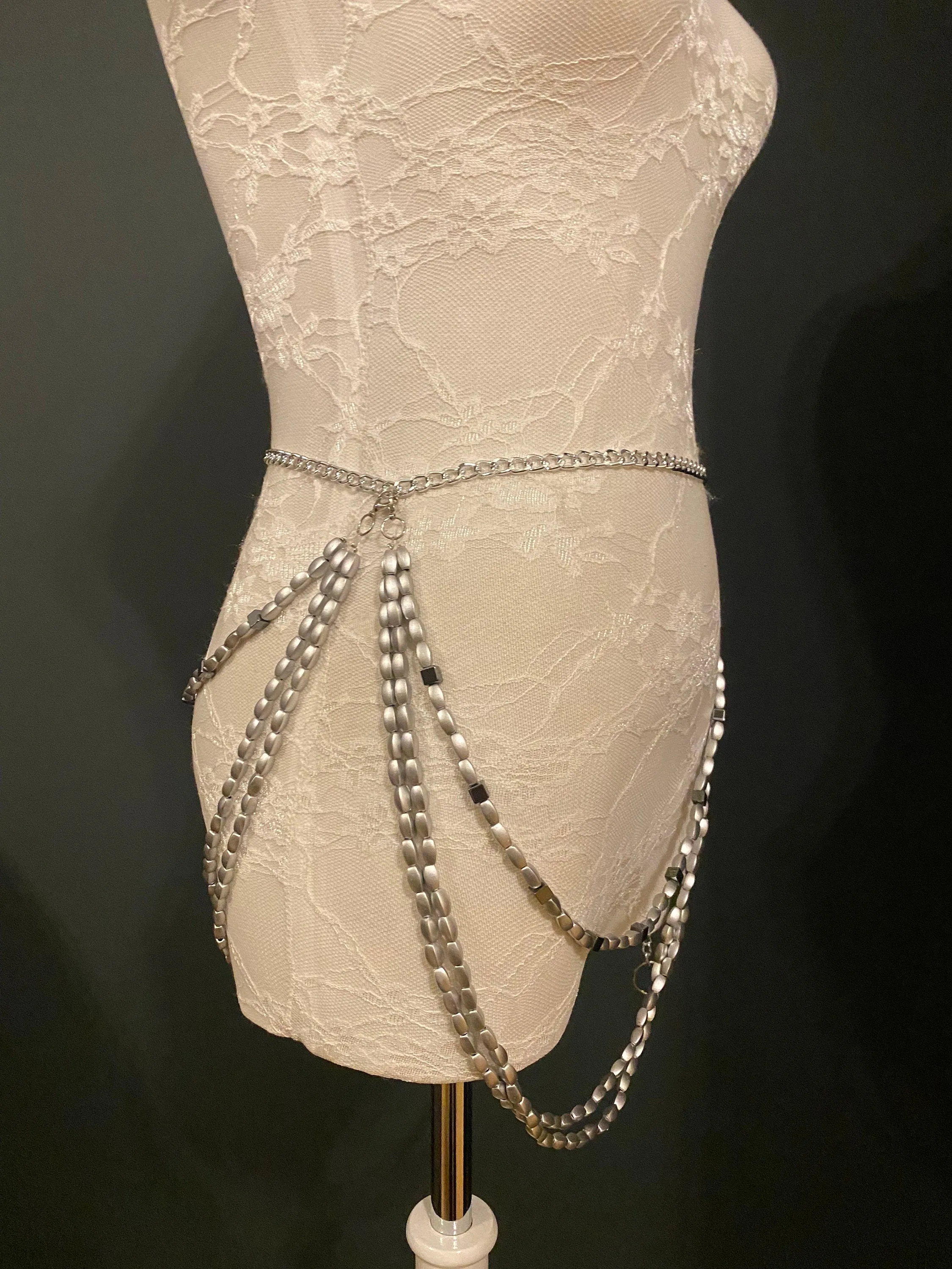 X-long Layered Bead Chain Belt, Fashion Bead Belt, Festival, Silver, UK sizes 4-36