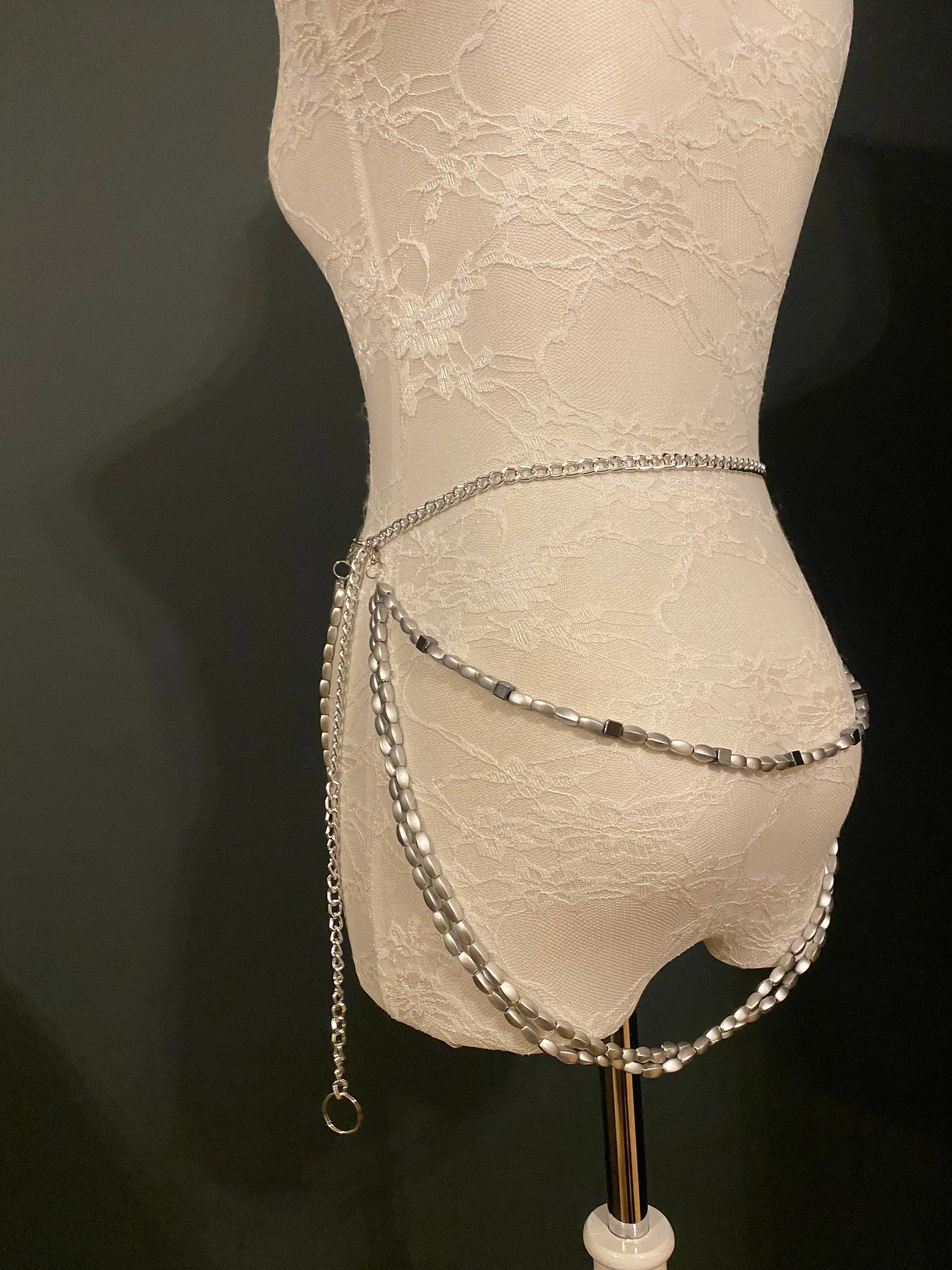 X-long Layered Bead Chain Belt, Fashion Bead Belt, Festival, Silver, UK sizes 4-36