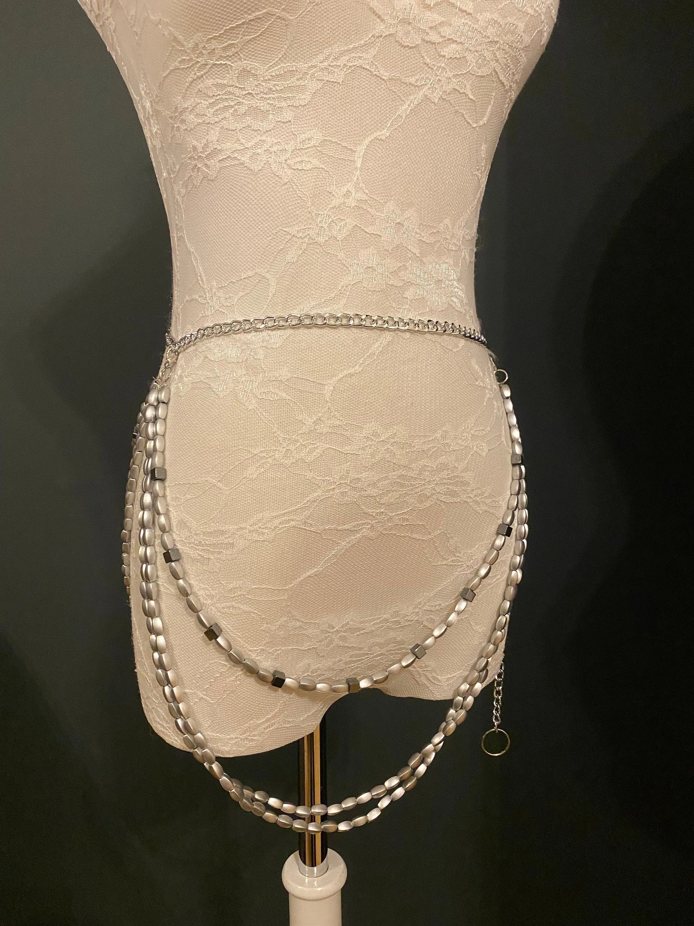 X-long Layered Bead Chain Belt, Fashion Bead Belt, Festival, Silver, UK sizes 4-36